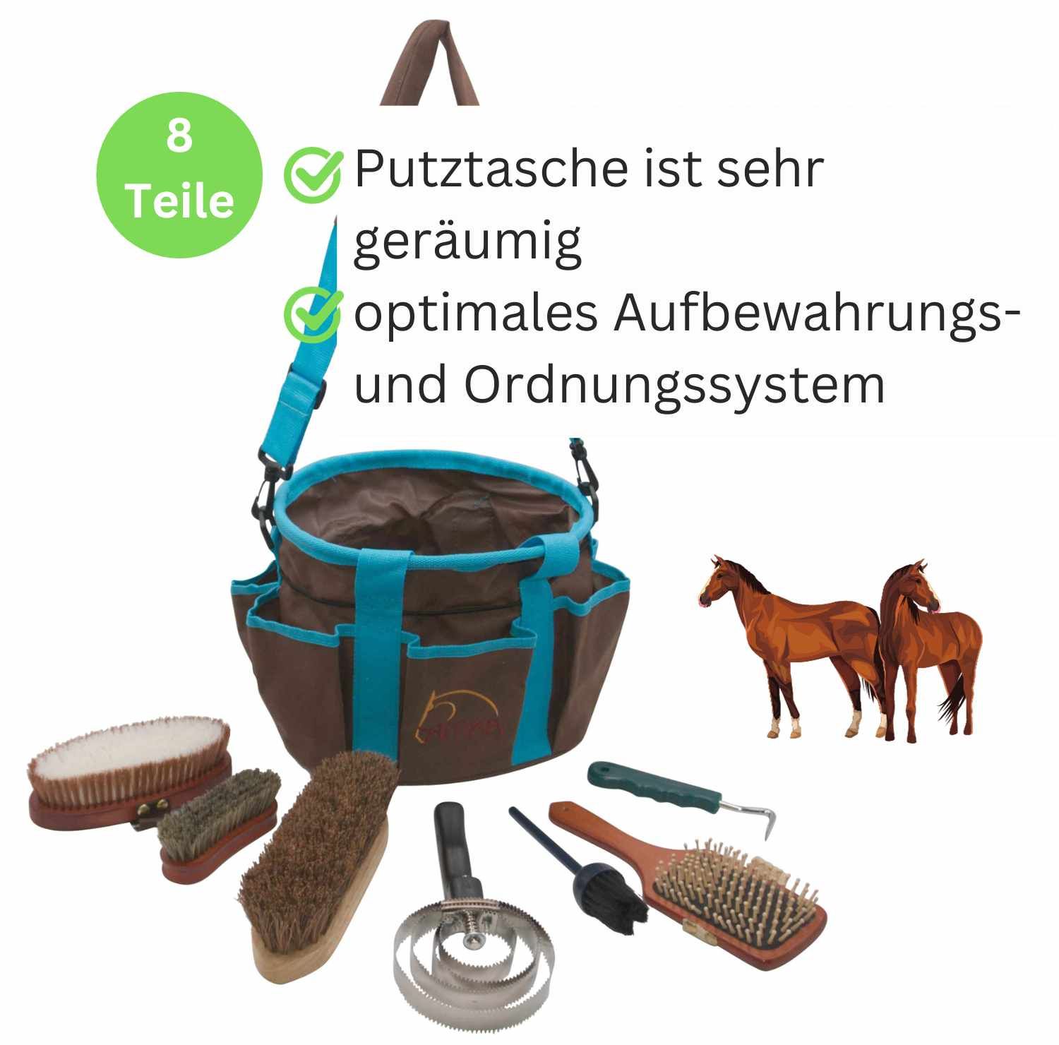 AMKA Putztasche 8 teiliges Set komplett mit 4 Bürsten, Hufpinsel, Hufkratzer und