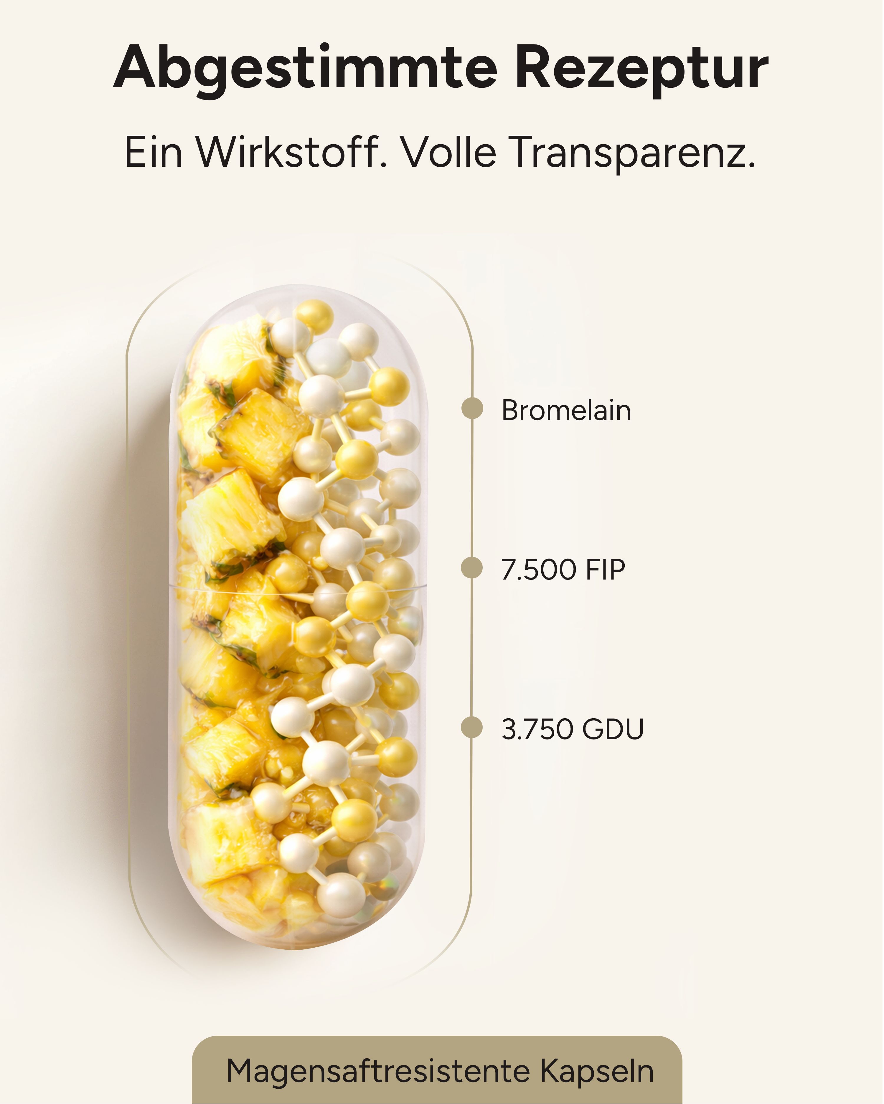 Kapsel mit Bromelain-Inhalt. 7.500 FIP, 3.750 GDU. Magensaftresistente Kapseln.