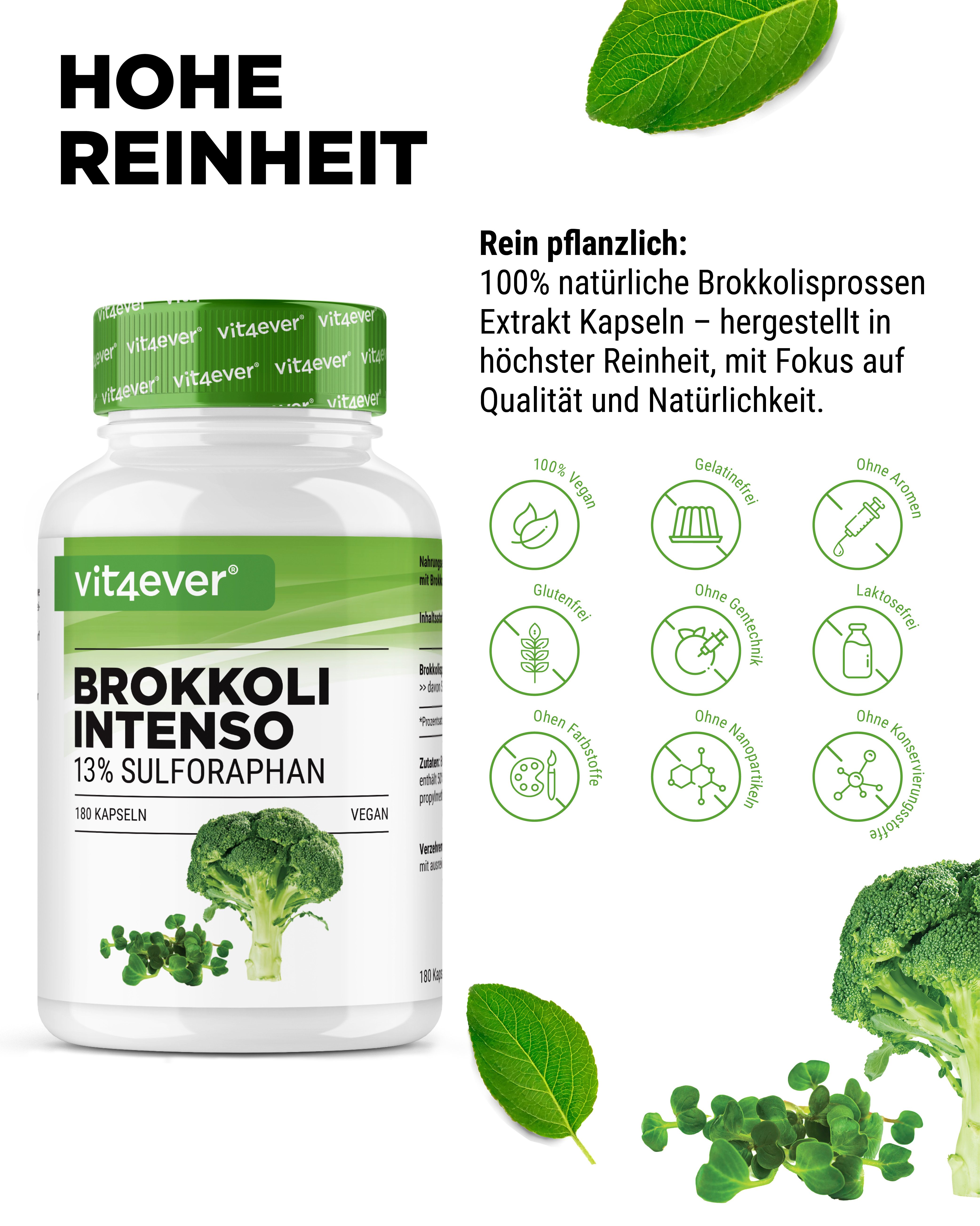Brokkoli Extrakt Kapseln von vit4ever. Weiße Flasche mit grünem Deckel und Etikett. Aufschrift: Brokkoli Intenso 13% Sulforaphan. Vegan.
