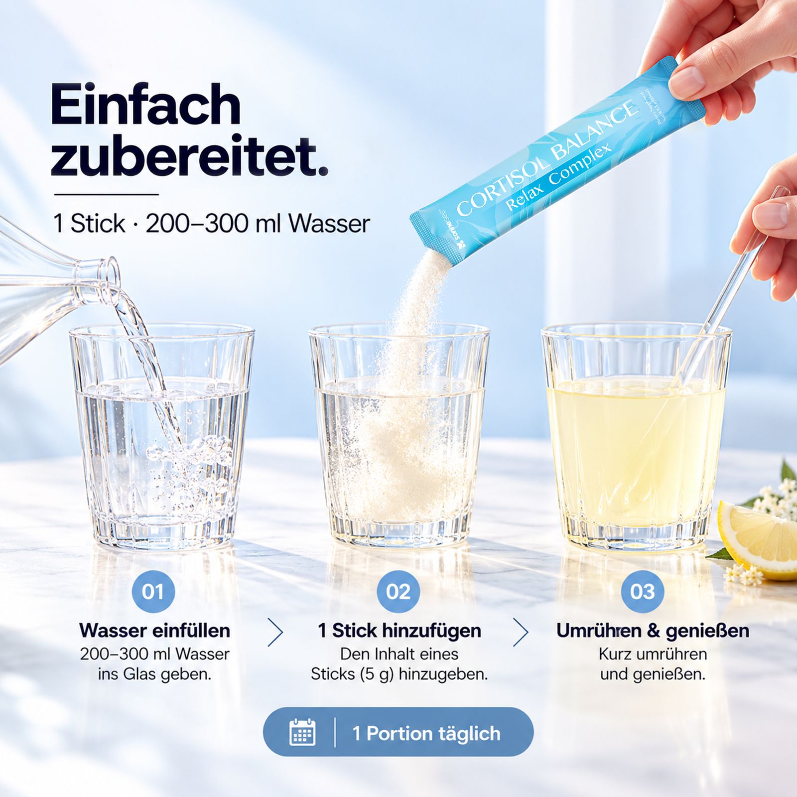 Zubereitung von Cortisol Balance Pulver: Wasser einfüllen, Stick hinzufügen, umrühren.
