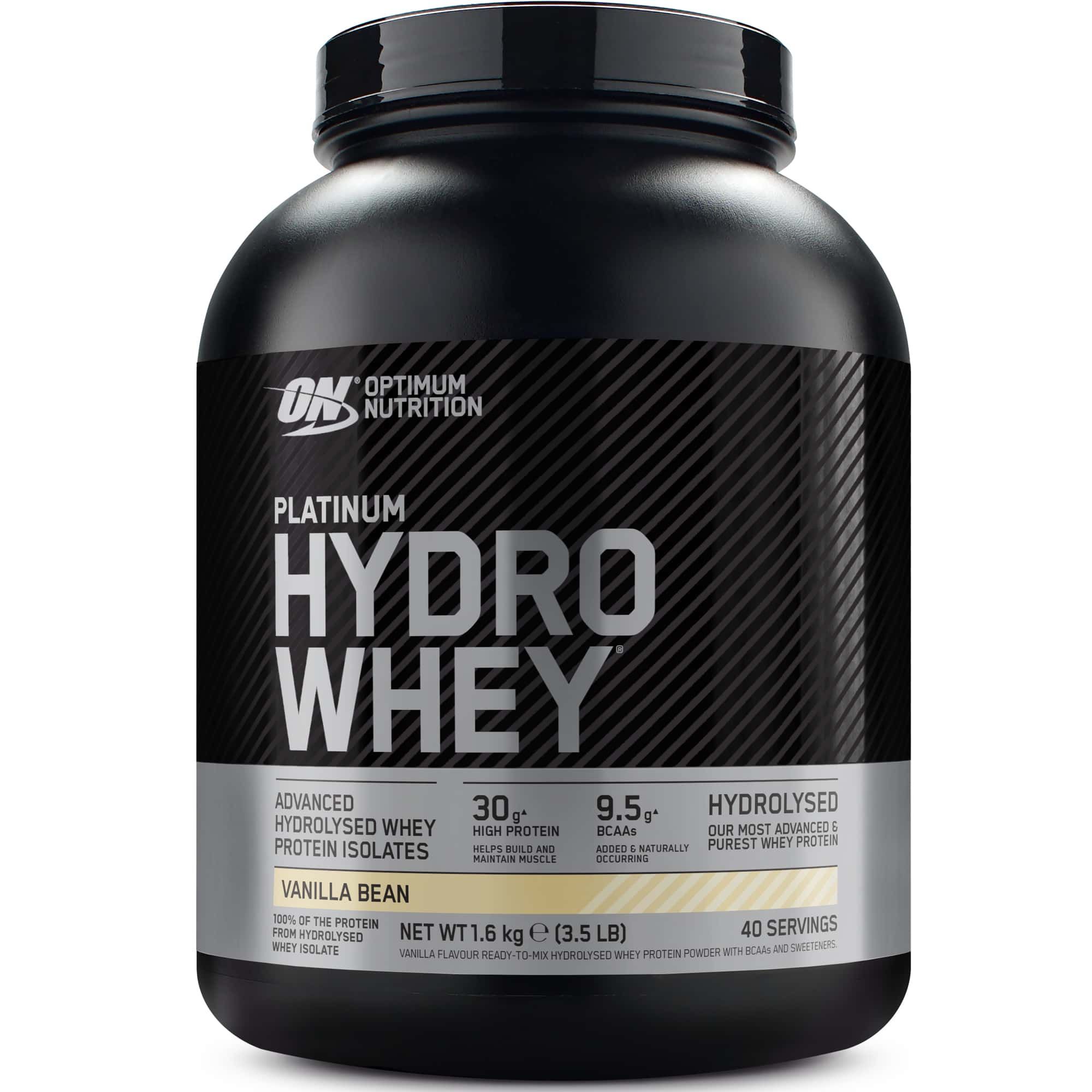 Schwarze Dose mit Produktnamen Platinum HydroWhey. Aufschrift: Vanilla Bean, 30g Protein, 9.5g BCAAs, 1.6 kg (3.5 LB), 40 Portionen.
