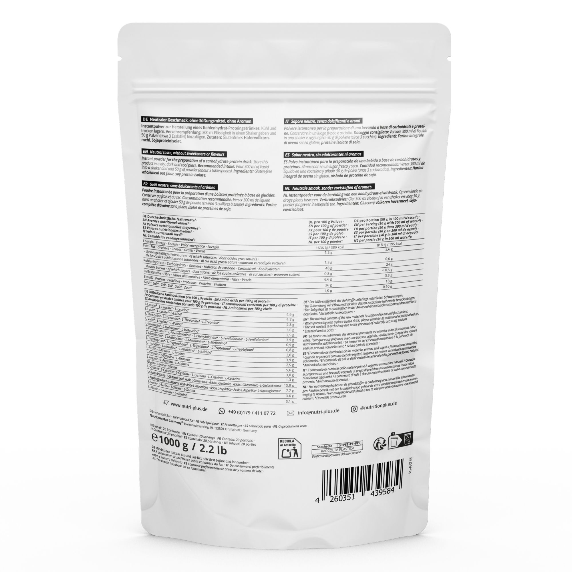 Rückseite Nutri+ Vhey Gainer: Nährwertangaben, Zutatenliste und Anwendungshinweise in mehreren Sprachen.