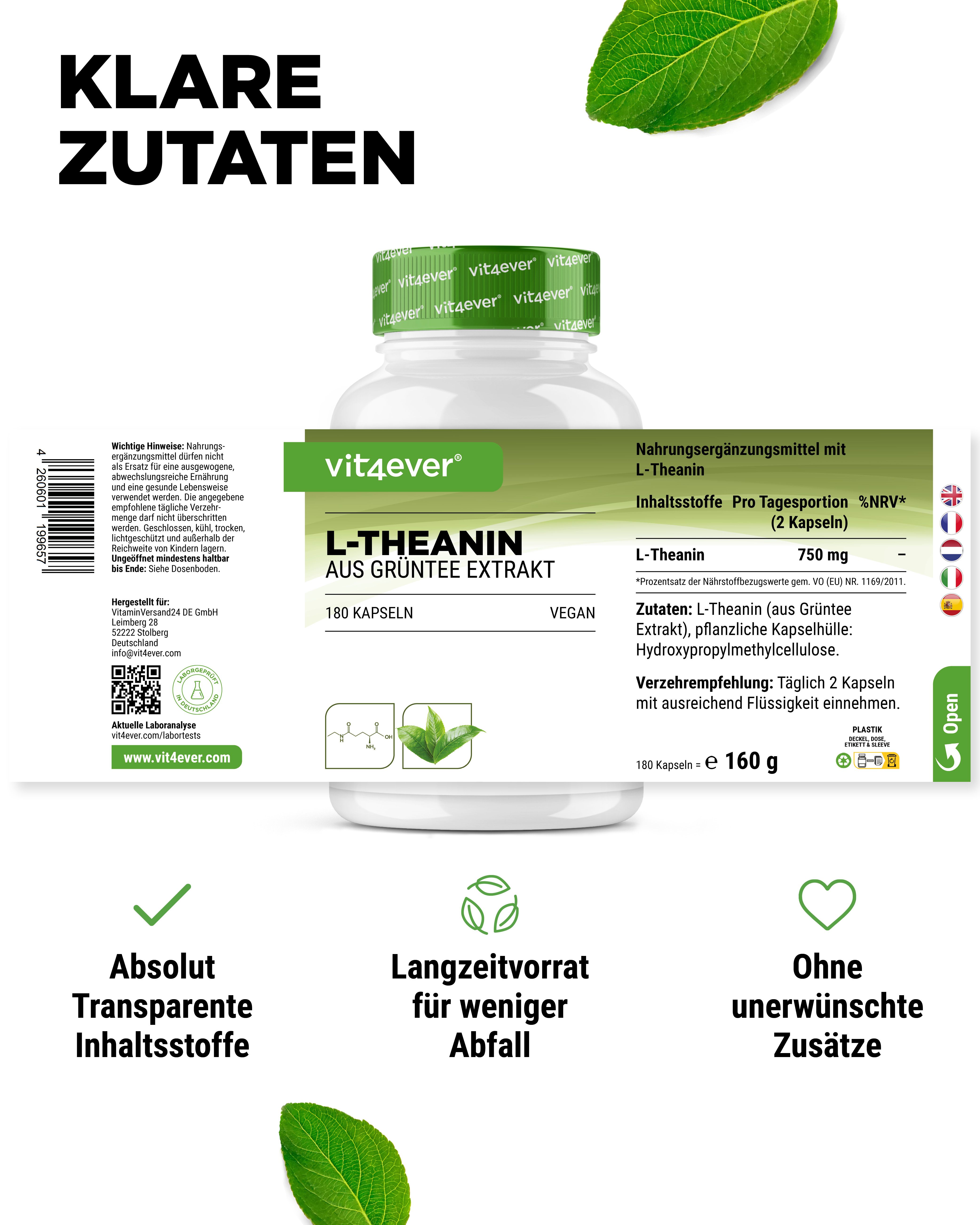 Flasche vit4ever L-Theanin aus Grüntee Extrakt. 180 Kapseln. Vegan. Text: Nahrungsergänzungsmittel mit L-Theanin. 750 mg L-Theanin.