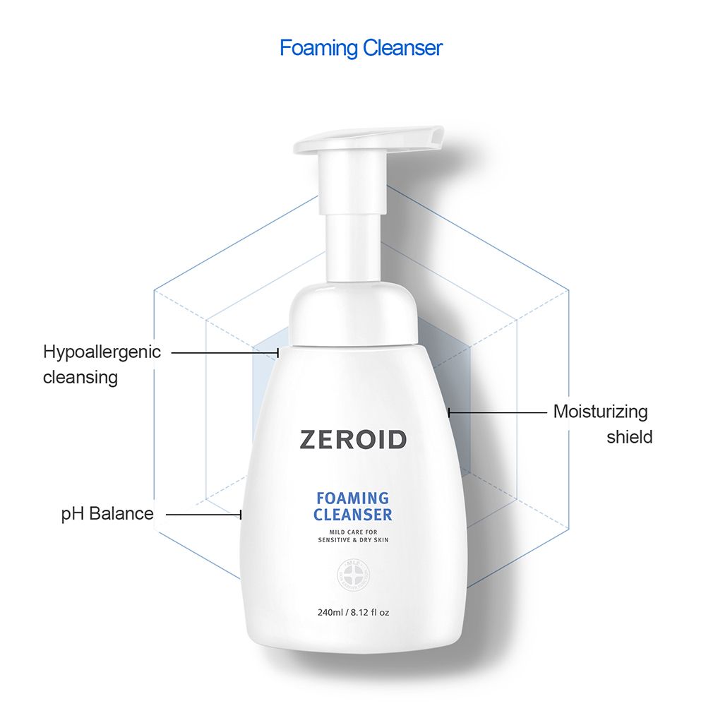 Weiße ZEROID-Schaumreiniger-Flasche mit Diagramm. Aufschrift: FOAMING CLEANSER, 240ml/8.12 fl oz.