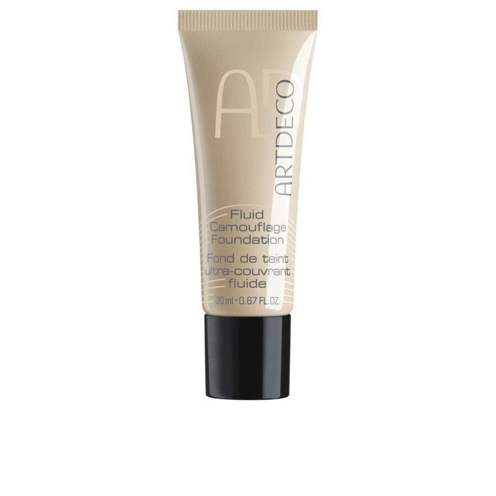 Artdeco Fluid Camouflage Foundation Tube. Beige Tube mit schwarzem Deckel. Produktbezeichnung und Marke sind aufgedruckt.