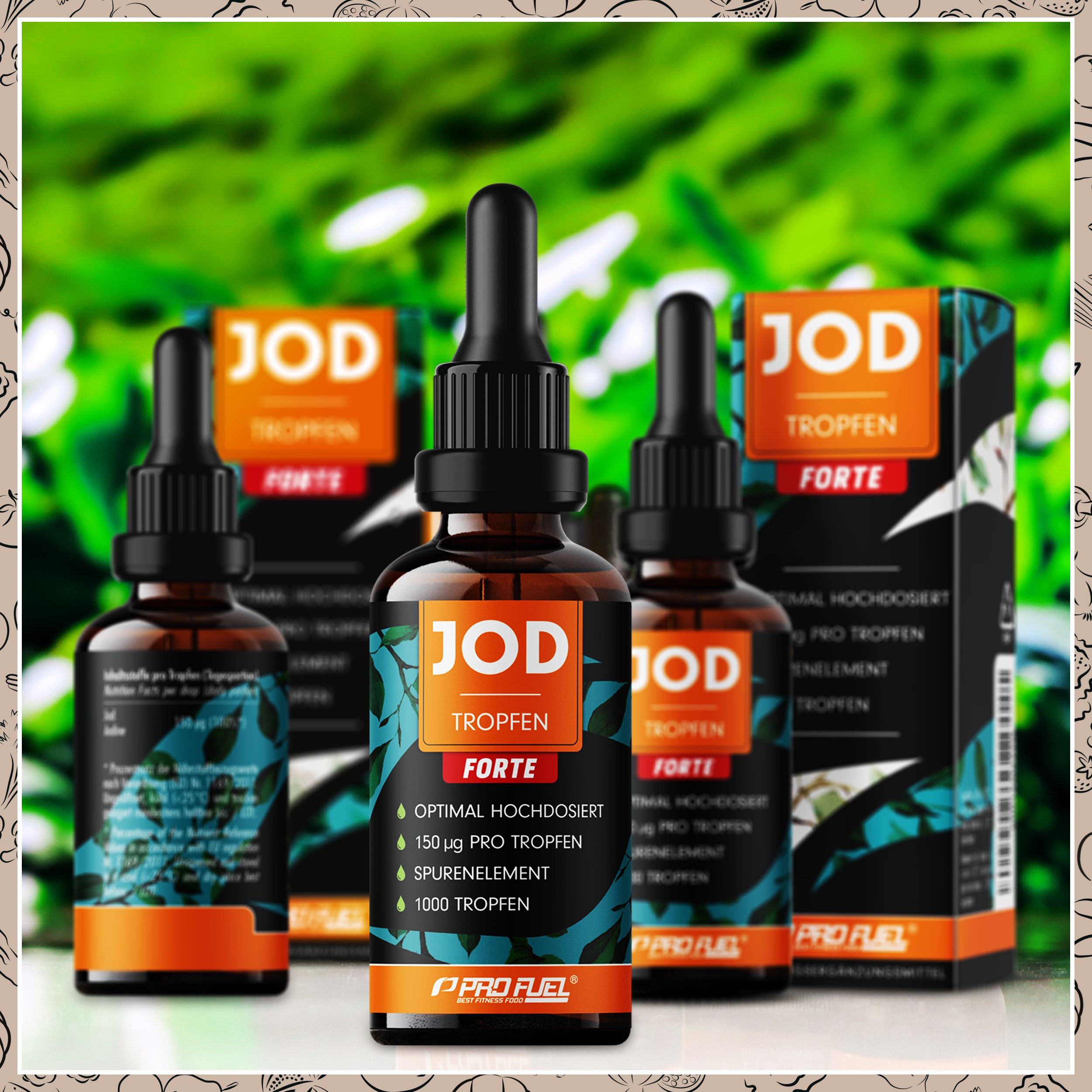 Mehrere Flaschen Jod Tropfen Forte mit Verpackung. Aufschrift: Jod Tropfen Forte, 150 µg pro Tropfen, Spurenelemente, 1000 Tropfen.