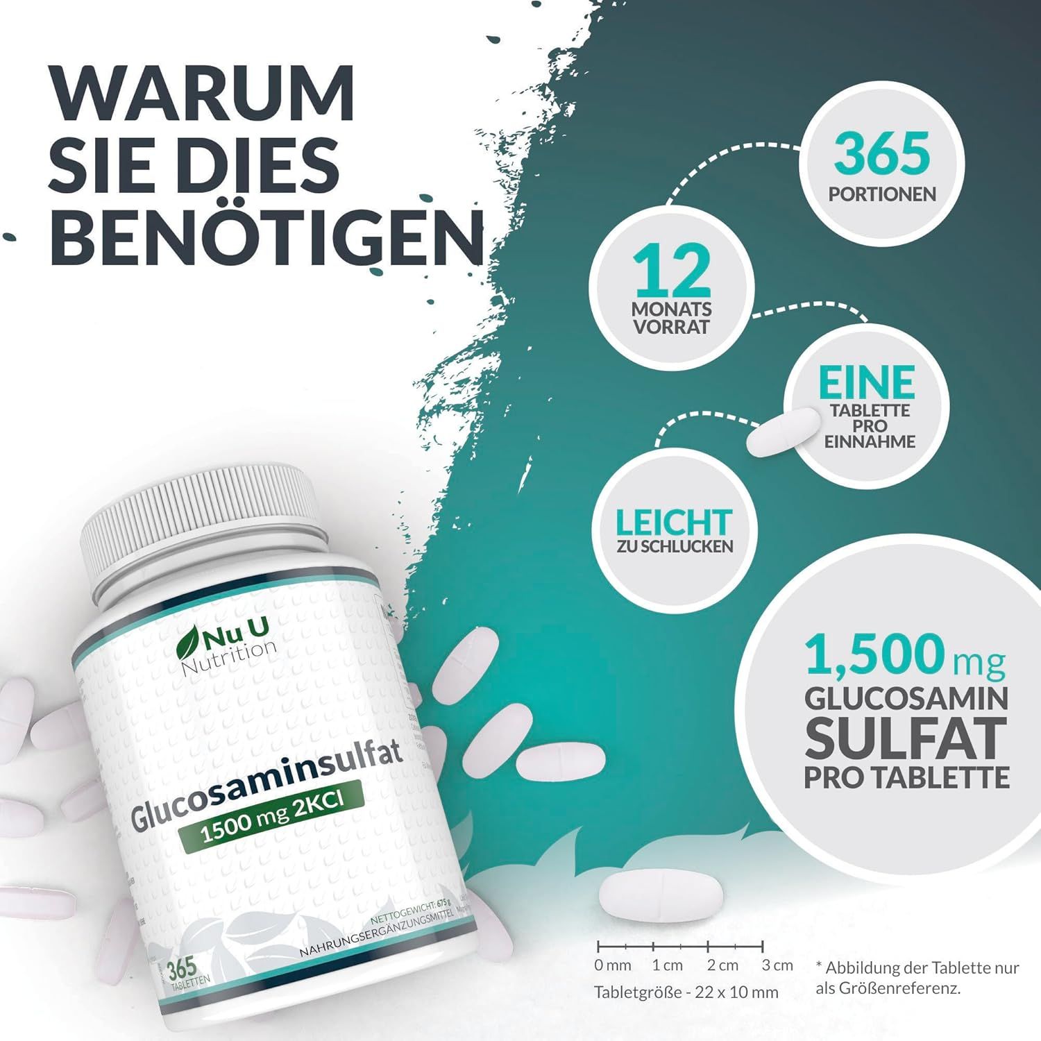 Produktflasche mit Glucosamin Sulfat 1500mg 2KCI. 365 Portionen. 12 Monate Vorrat. Eine Tablette pro Einnahme. Tabletten.