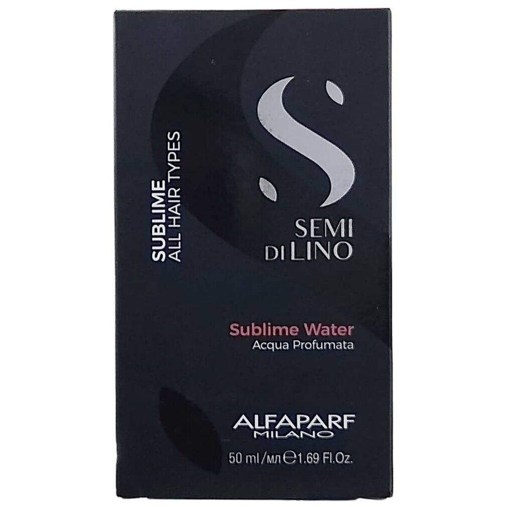 Schwarze Verpackung mit weißem 'S' Logo. Aufschrift: Sublime, Semi di Lino, Alfaparf Milano. Inhalt: 50 ml.