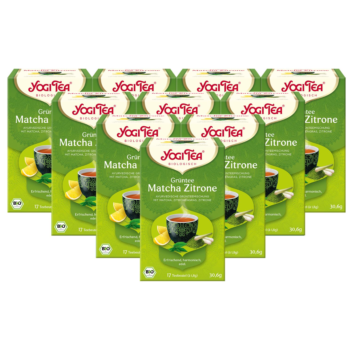 Mehrere grüne Schachteln Yogi Tea Matcha Zitrone. Aufdruck: Yogi Tea, Matcha Zitrone, Bio, 17 Beutel.