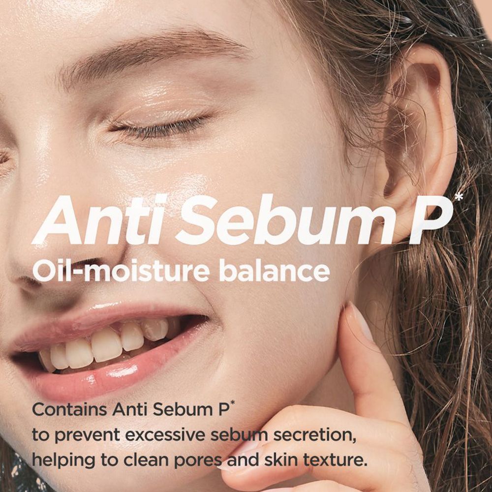 Gesicht einer Frau. Text: Anti Sebum P, Oil-moisture balance. ISNTREE. Text: Hilft, Poren zu reinigen.