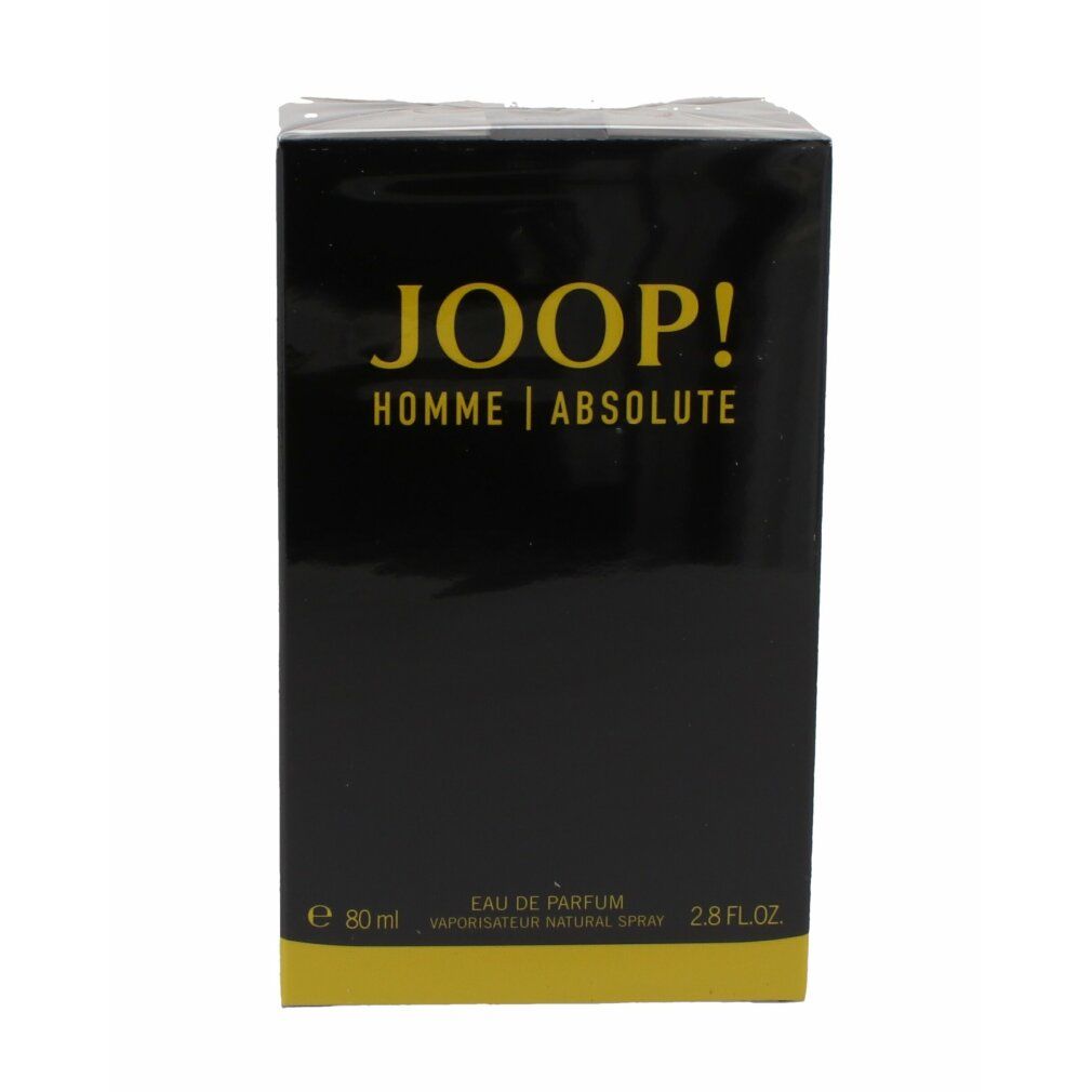 Schwarzer Karton mit gelbem Schriftzug: JOOP! HOMME | ABSOLUTE. Unten gelber Streifen. Text: Eau de Parfum, 80 ml, 2.8 FL.OZ.