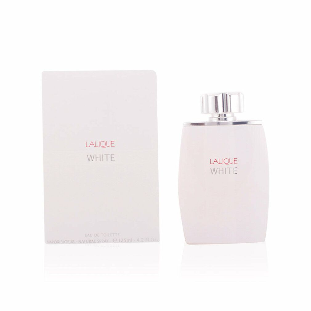 Weiße Flasche und Verpackung. Aufschrift: Lalique White. Flasche mit silbernem Verschluss. Karton daneben.