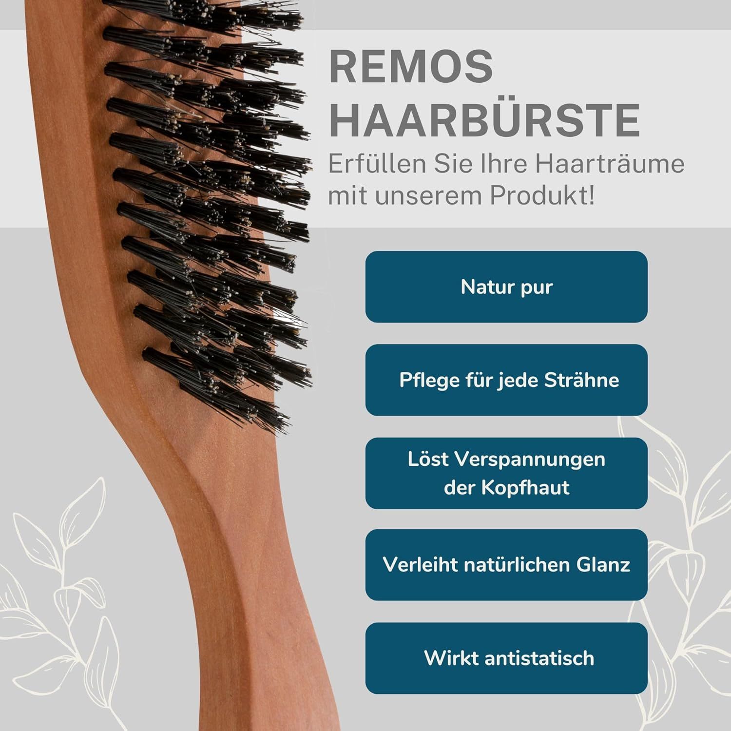 REMOS Haarbürste mit Wildschweinborsten, schmal