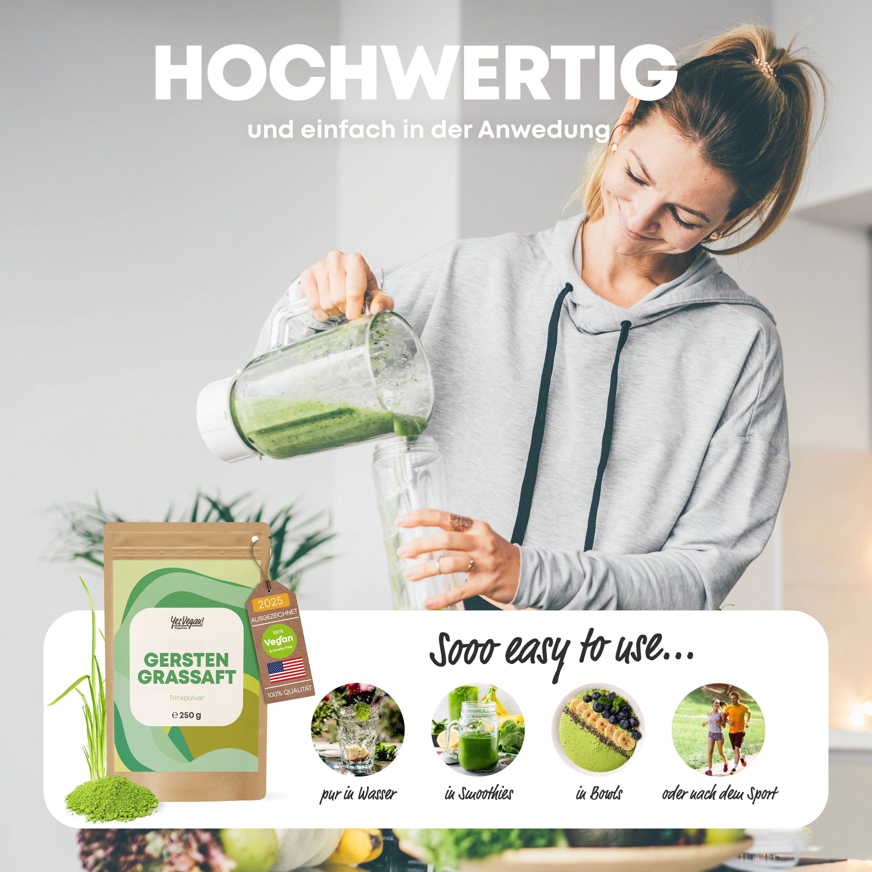 Frau gießt Gerstengrassaft in ein Glas. Produktverpackung daneben. Anwendungsideen in Bildern.