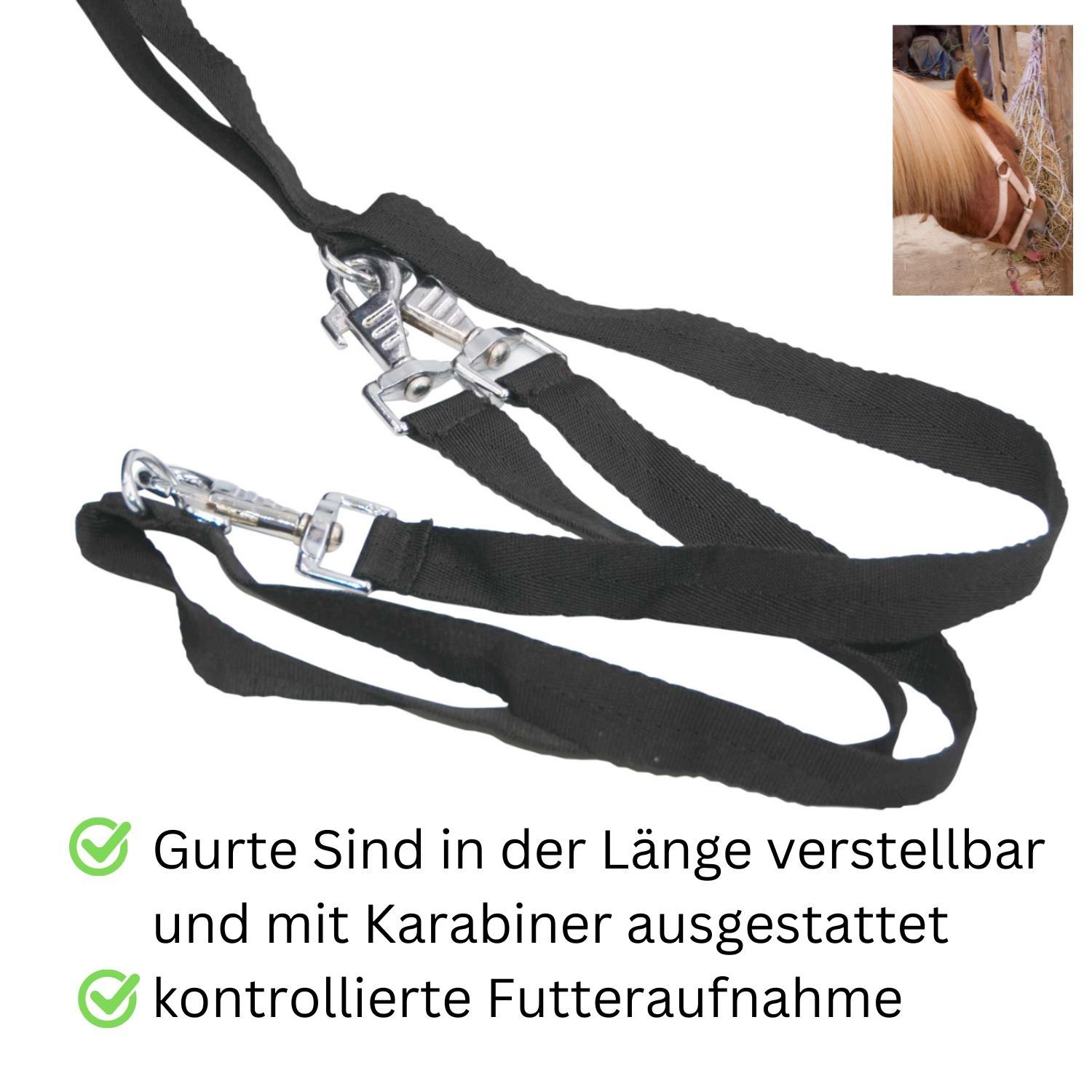 Schwarze Gurte mit Karabinern. Text: Gurte sind in der Länge verstellbar und mit Karabiner ausgestattet.