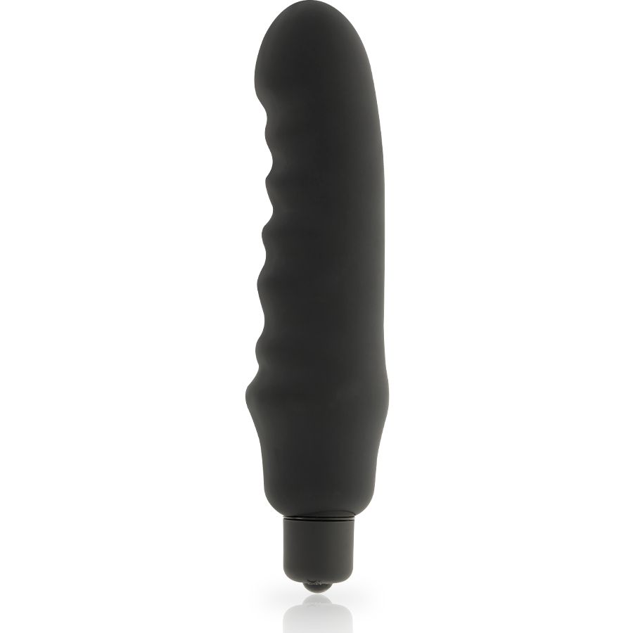 Schwarzer Silikon-Vibrator mit geriffelter Oberfläche. Zylindrische Form mit abgerundeter Spitze und Basis.