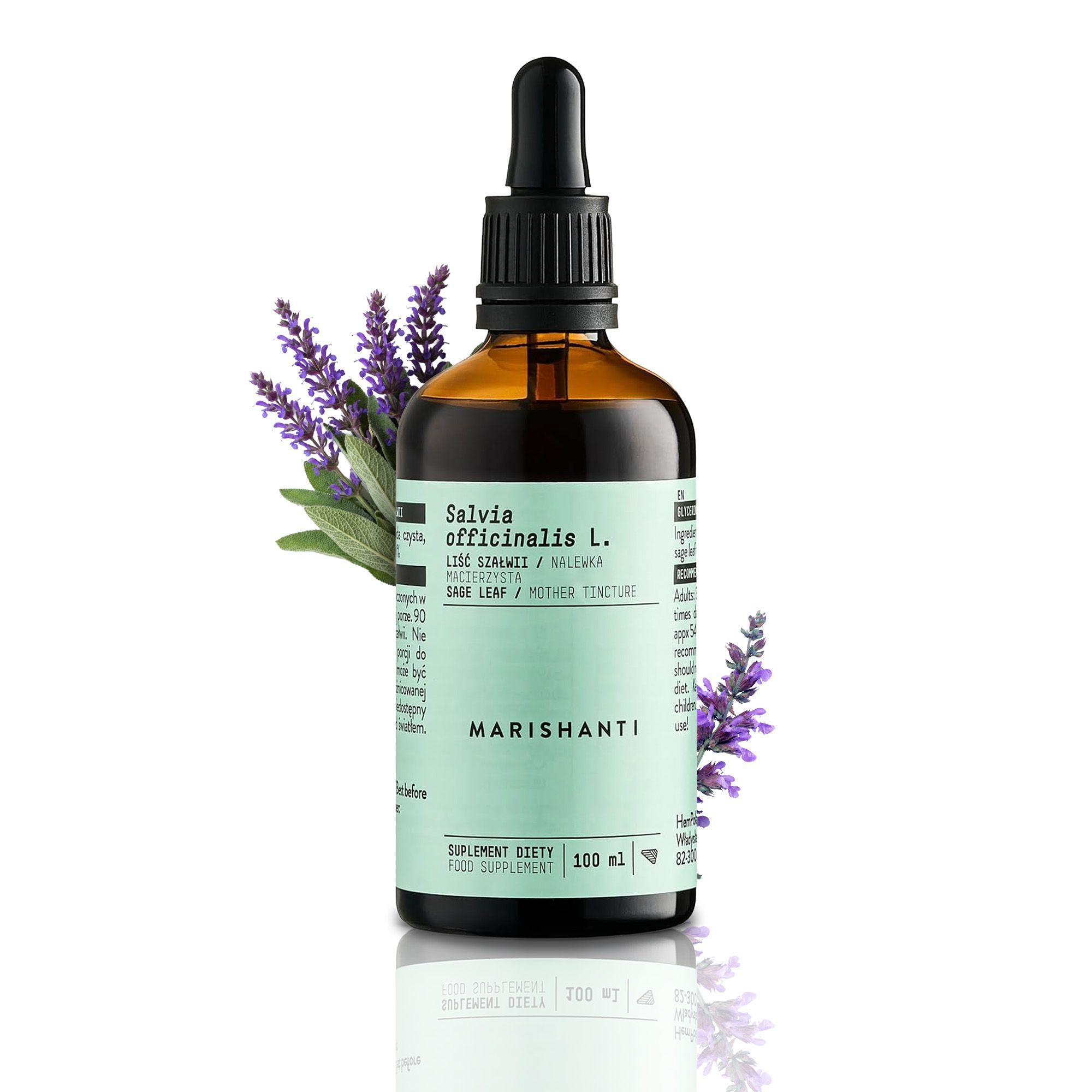Braune Flasche mit Tropfer. Text: Marishanti, Salbei Extrakt. Salvia officinalis L. 100 ml.
