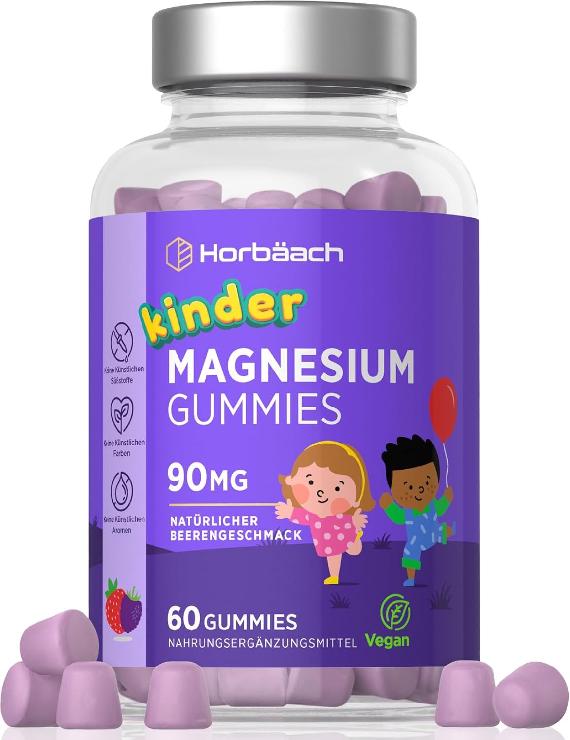 Horbaach Kinder Magnesium Gummies. Flasche mit Gummibärchen. 90mg Magnesium. 60 Gummies. Natürlicher Beerengeschmack. Vegan.