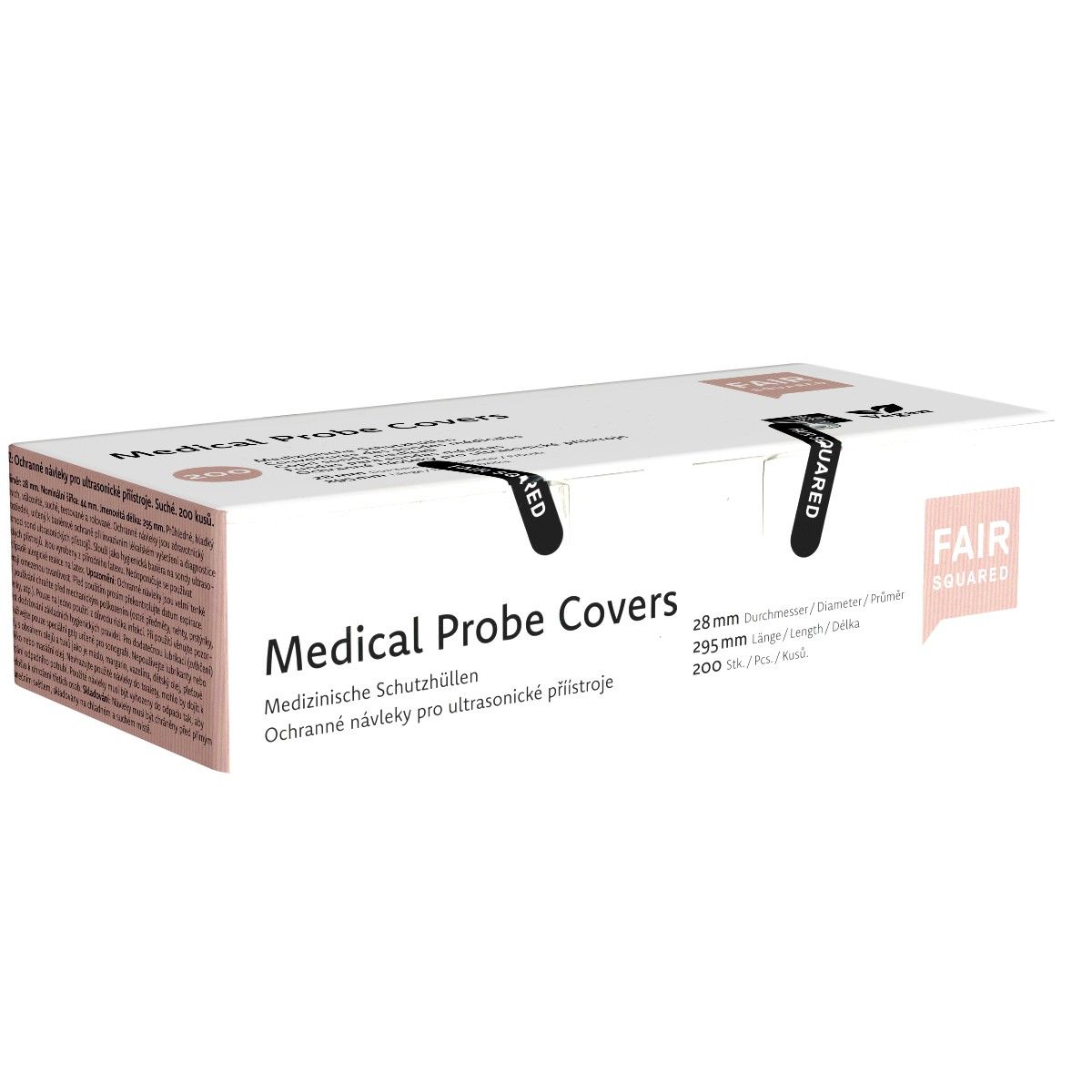 Verpackung mit Aufschrift "Medical Probe Covers". Marke FAIR SQUARED. 28mm Durchmesser. 200 Stück. Siegel.