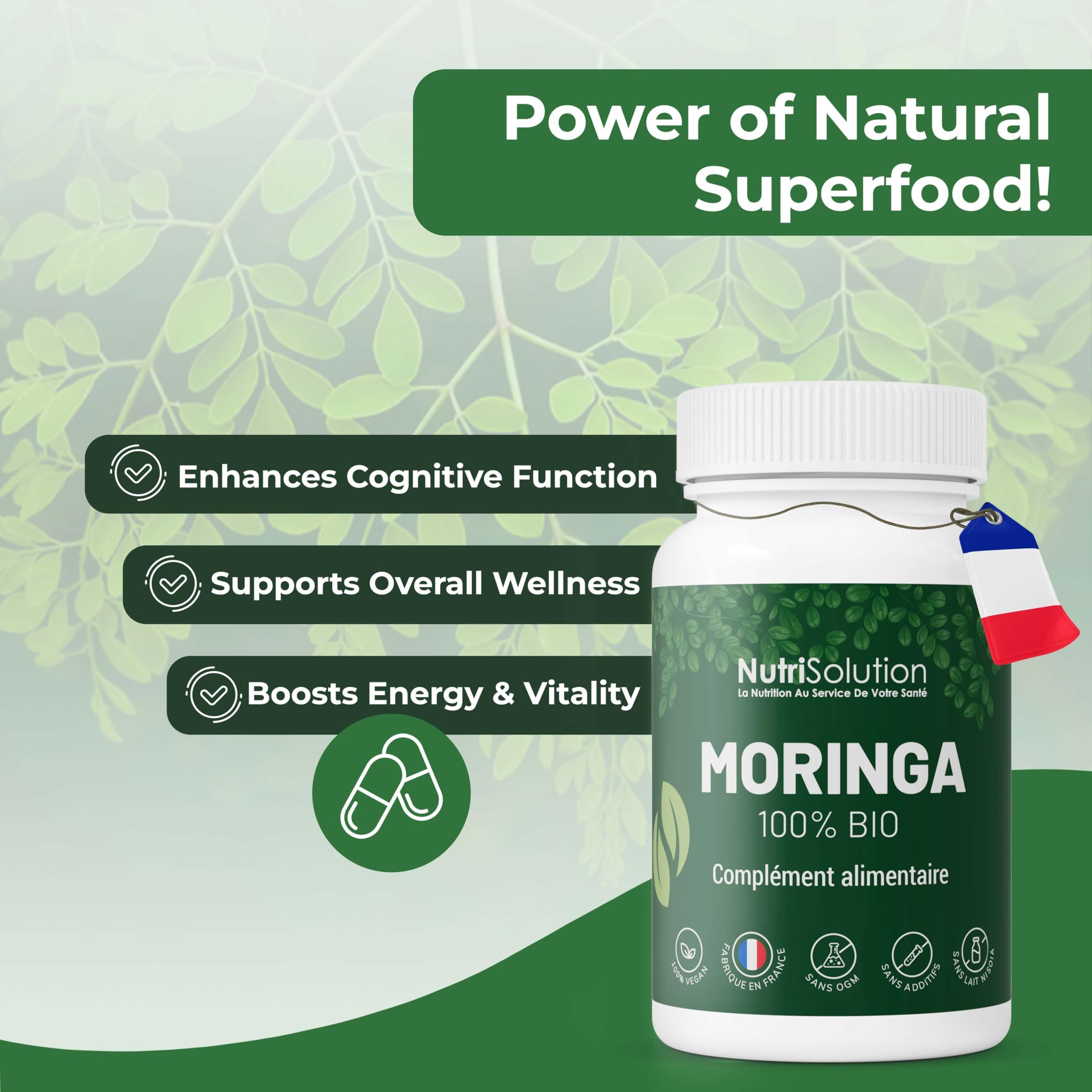 NutriSolution Moringa 100% Bio: Flasche mit Kapseln. "Power of Natural Superfood!". Unterstützt kognitive Funktion, Wohlbefinden, Energie.