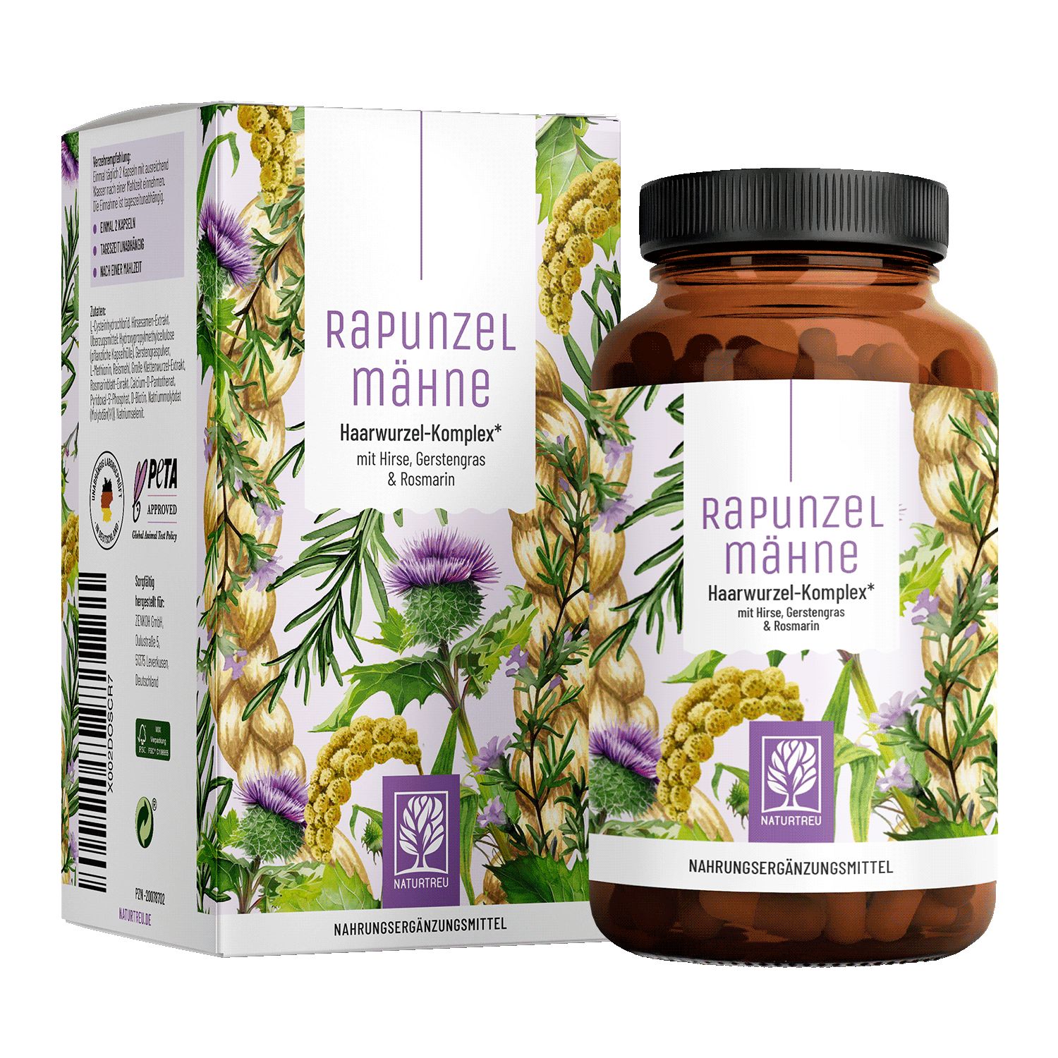 Braune Flasche und Schachtel mit Produktetikett. Aufschrift: Rapunzelmähne, Haarwurzel-Komplex. Logo NATURTREU®. PETA-Logo.