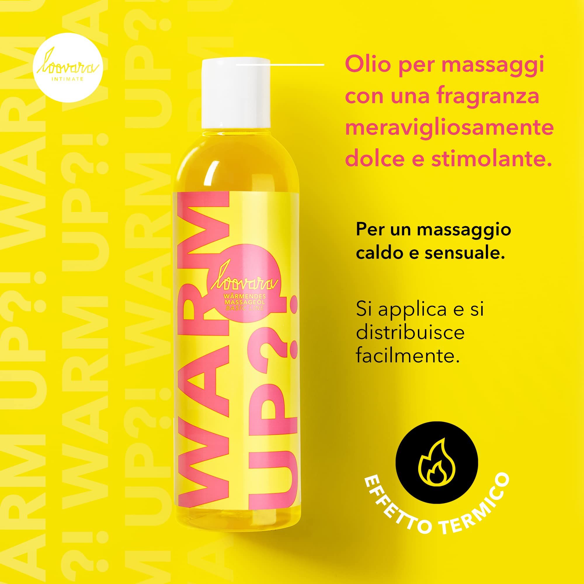 Flasche Loovara Warm Up?! Intimate Warming Massage Oil. Gelbe Flüssigkeit, gelbes Etikett mit rosa Schrift.