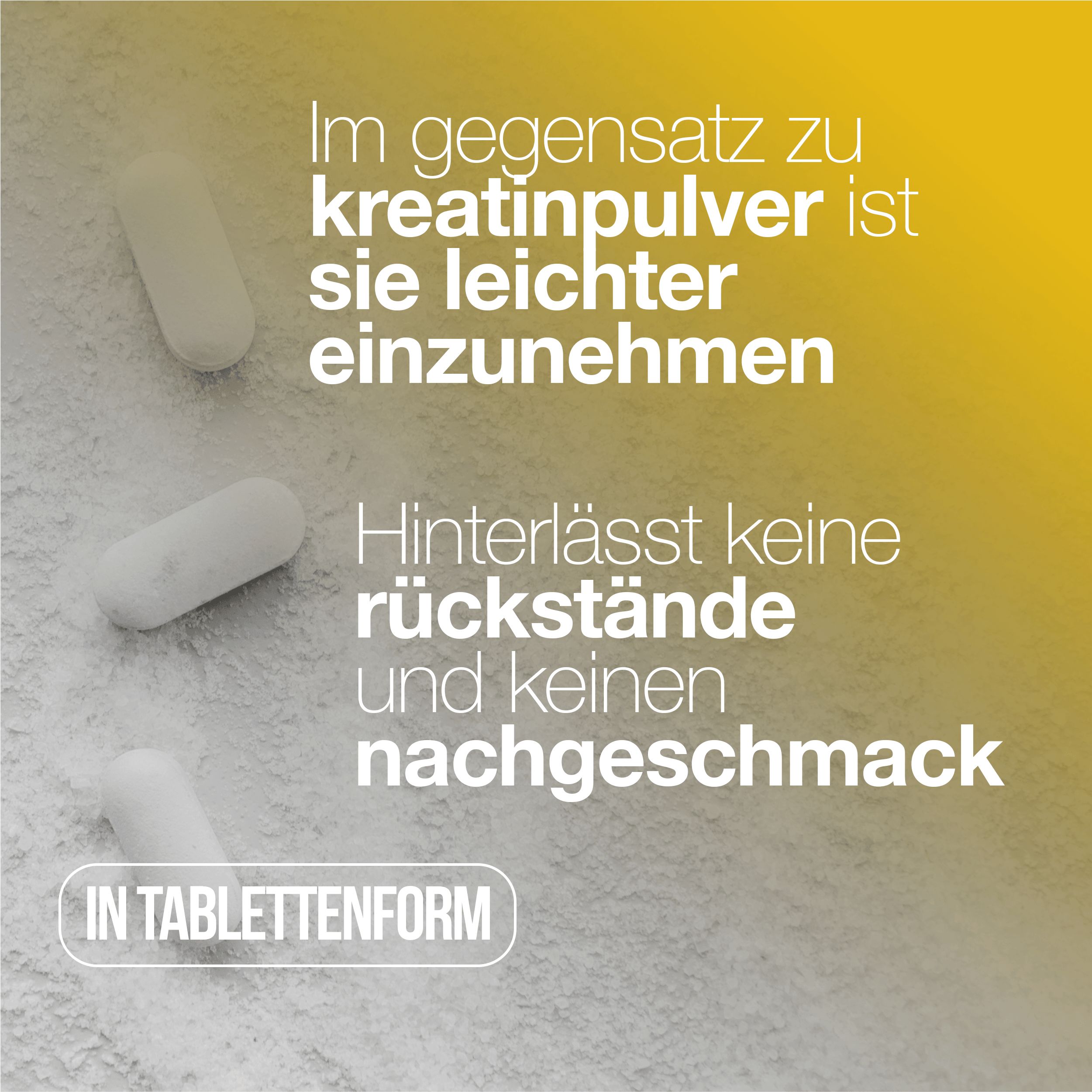 Kreatin Tabletten. Leichter einzunehmen als Pulver. Hinterlässt keine Rückstände.