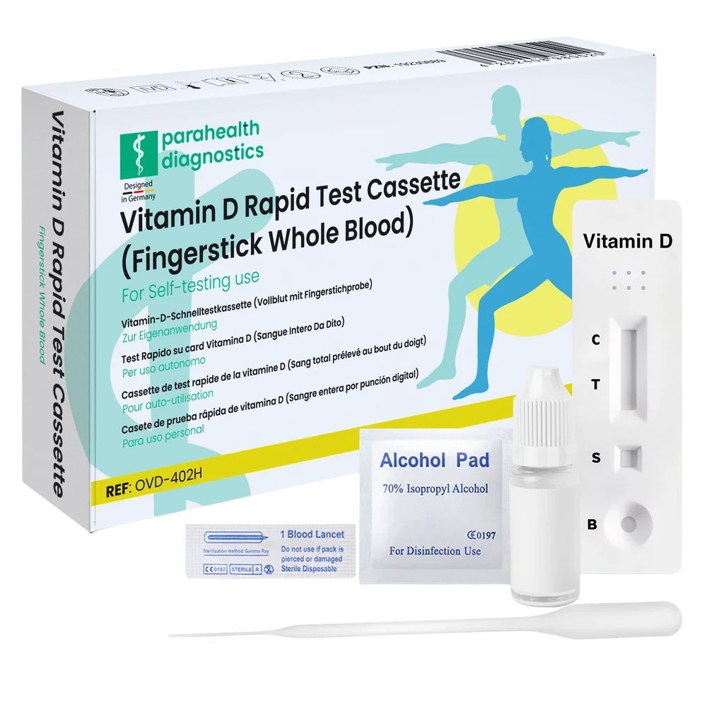 Verpackung und Inhalt eines Vitamin-D-Schnelltests, inklusive Testkassette, Lanzette und Alkoholtupfer.