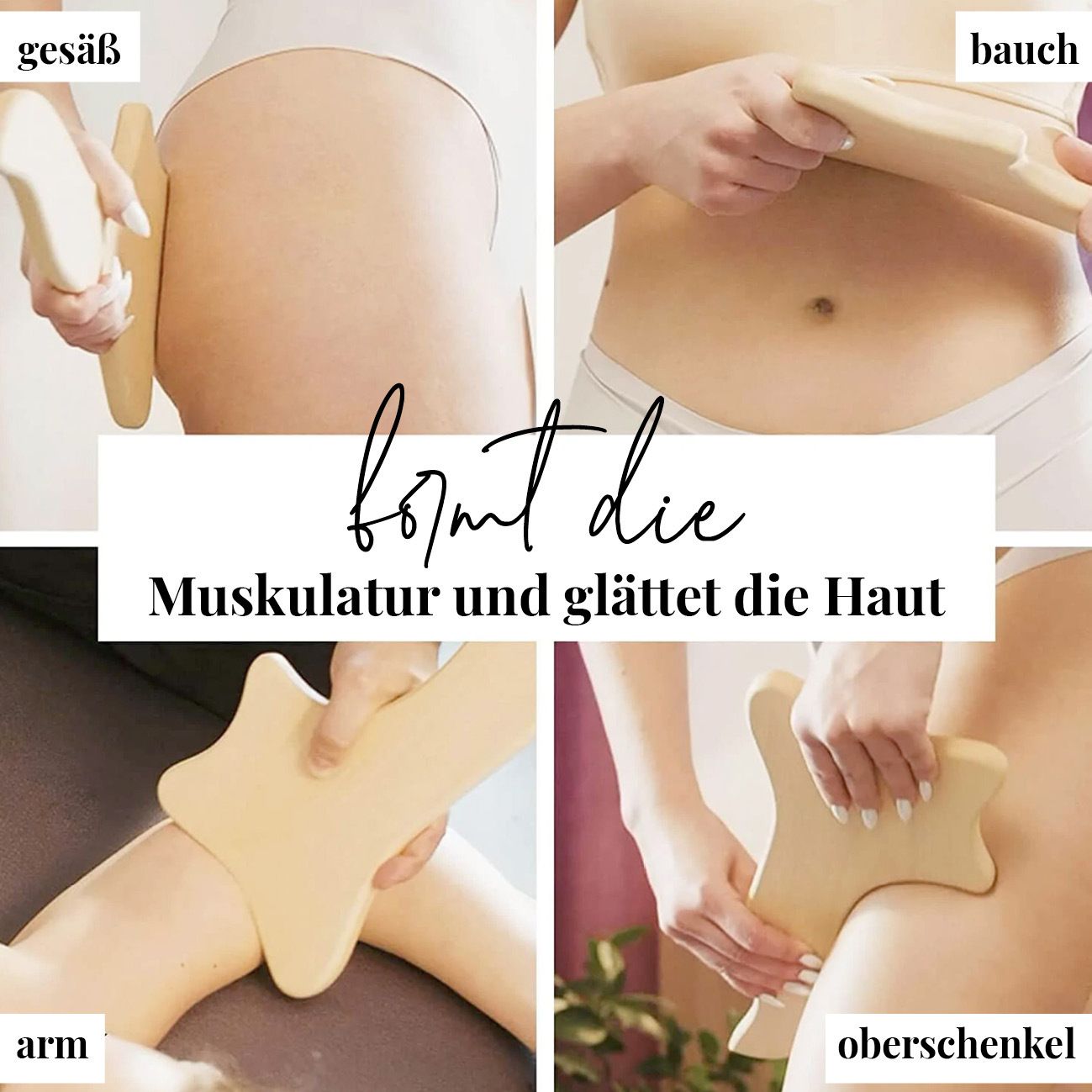 Produktanwendung: Massagegerät auf Oberschenkel, Bauch, Arm und Gesäß.