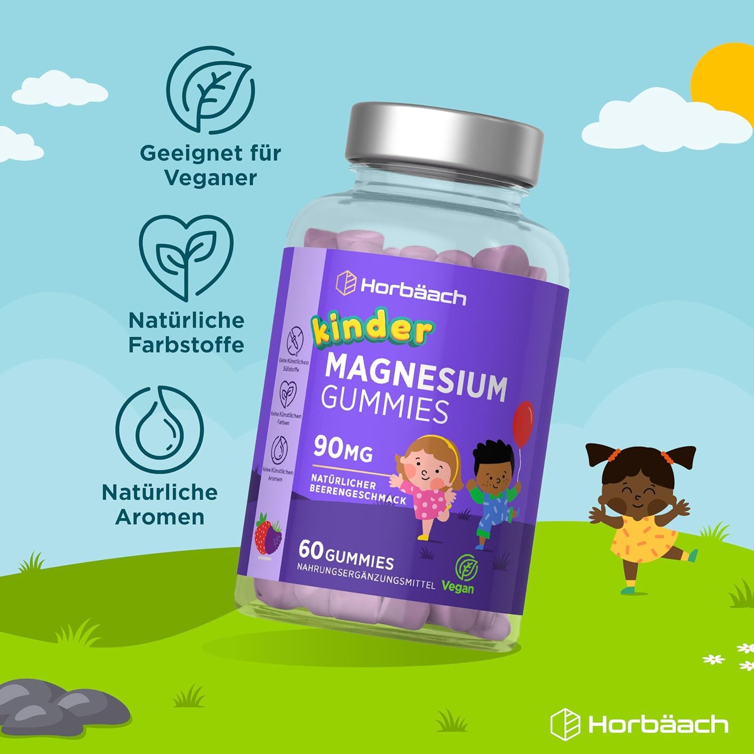 Horbaach Kinder Magnesium Gummies. Flasche mit Gummibärchen. 90mg Magnesium. 60 Gummies. Natürliche Aromen und Farbstoffe. Vegan.