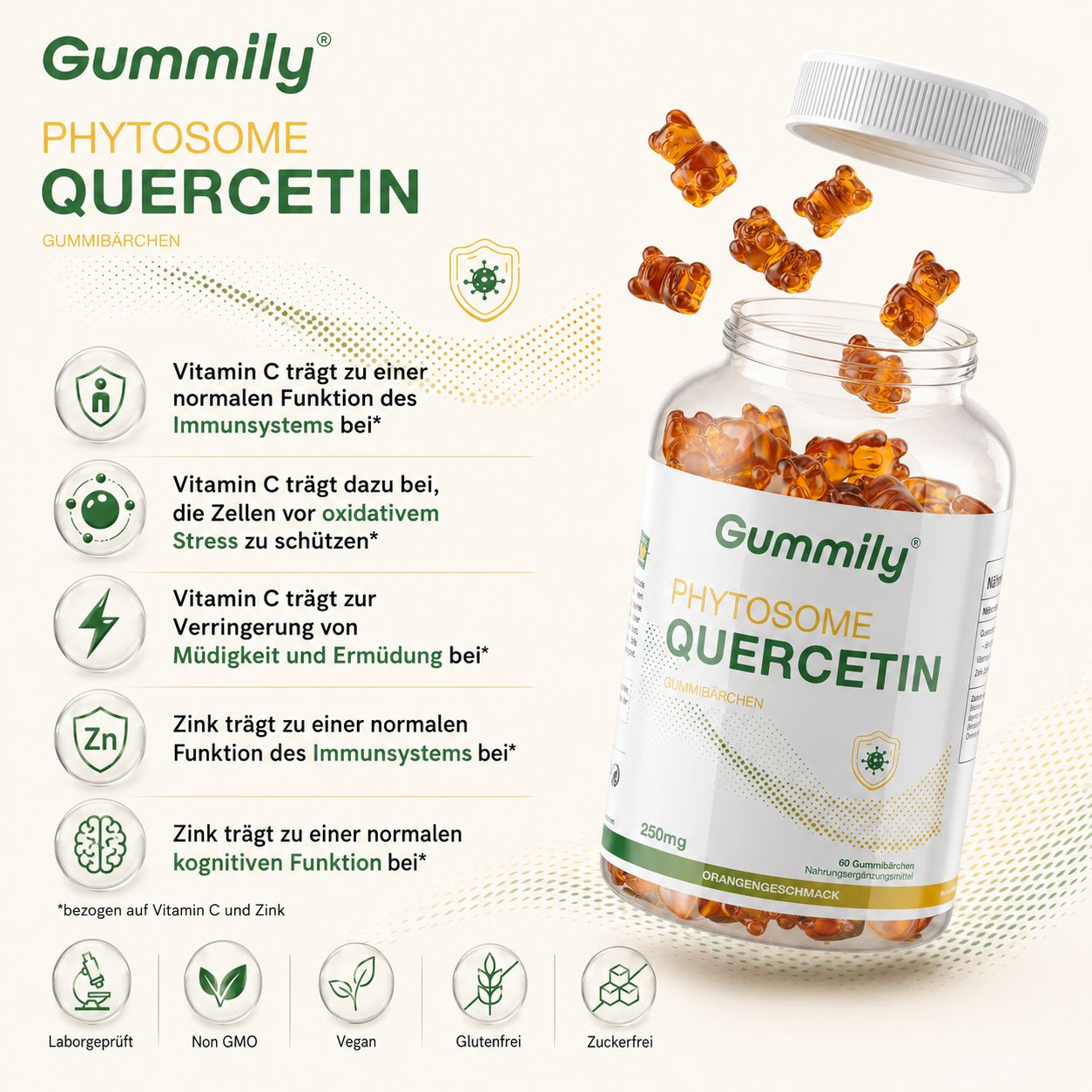 Gummily Phytosome Quercetin Dose mit Liste der Vorteile von Vitamin C und Zink.