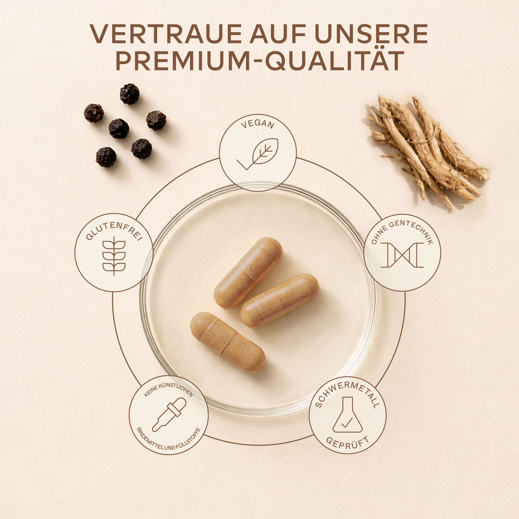 Aavalabs Ashwagandha Kapseln mit Pfefferkörnern, Wurzeln und Icons für Qualität.