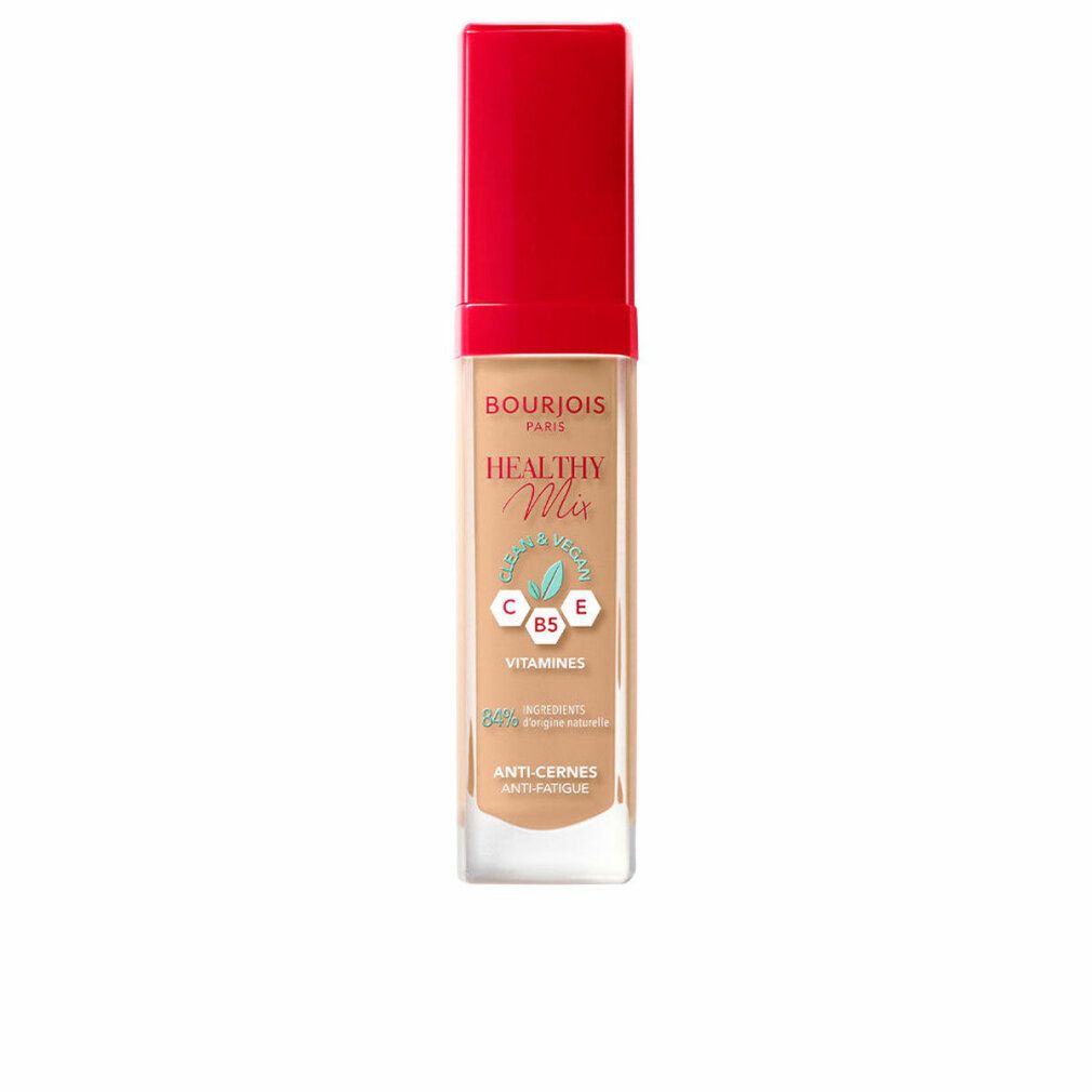 Concealer-Fläschchen mit rotem Deckel. Aufschrift: Bourjois Healthy Mix Vitamines. Beige Farbton. Anti-Cernes.