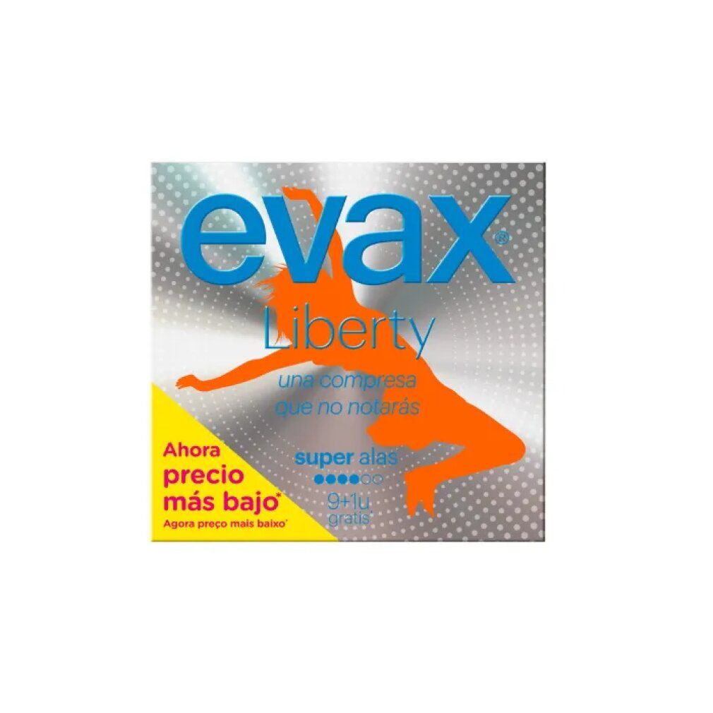 Evax Liberty Super Damenbinden-Verpackung. Silberne Schachtel mit blauem Schriftzug und orangefarbener Figur. Enthält 9+1 Stück.