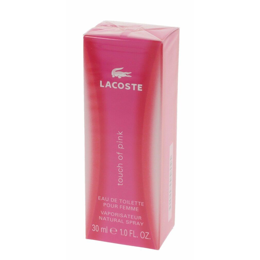 Verpackung von LACOSTE Touch of Pink. Rosa, rechteckig. Logo und Schriftzug. Text: Eau de Toilette, 30 ml.