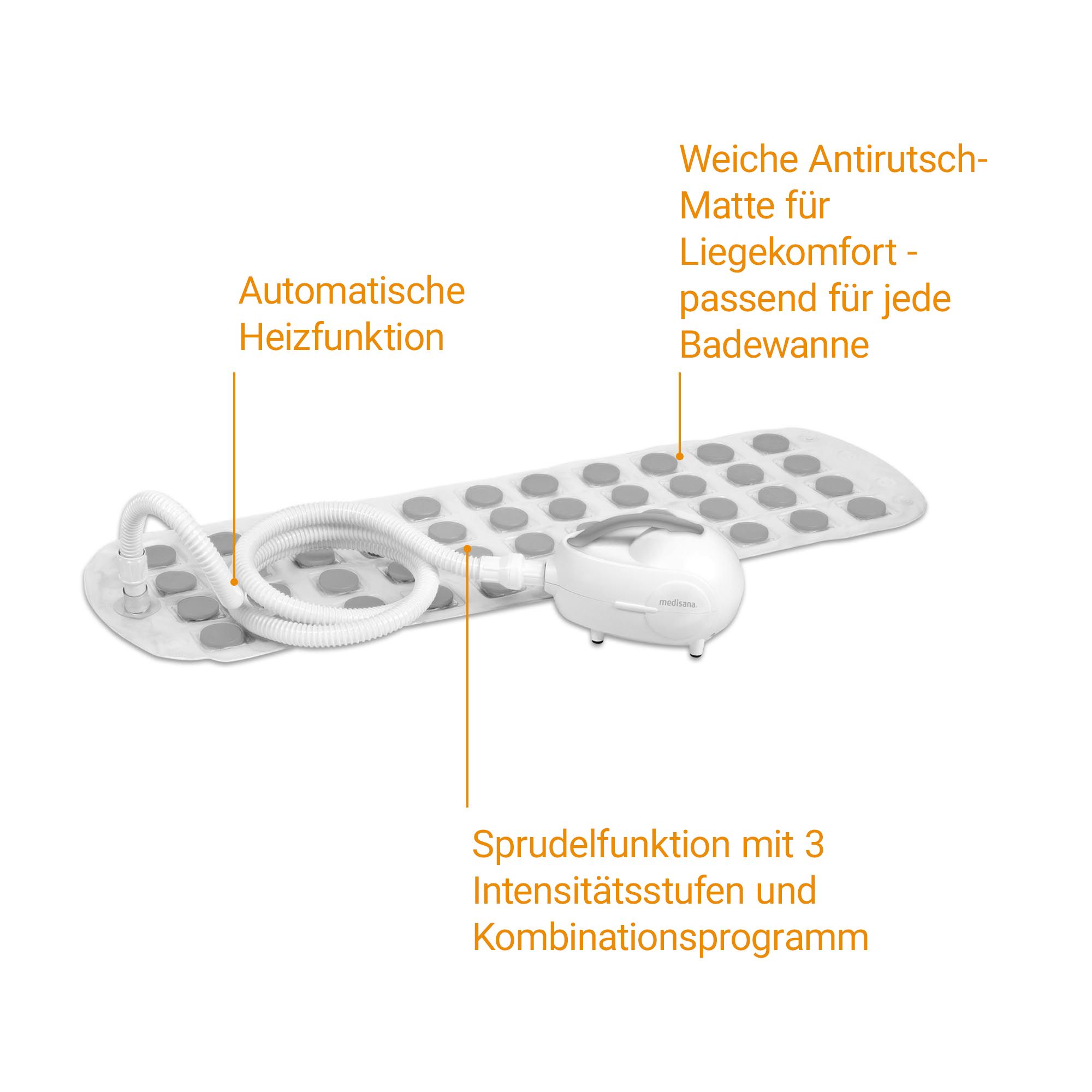 Luftsprudelbad-Matte mit Gebläse, Schlauch und Fernbedienung.