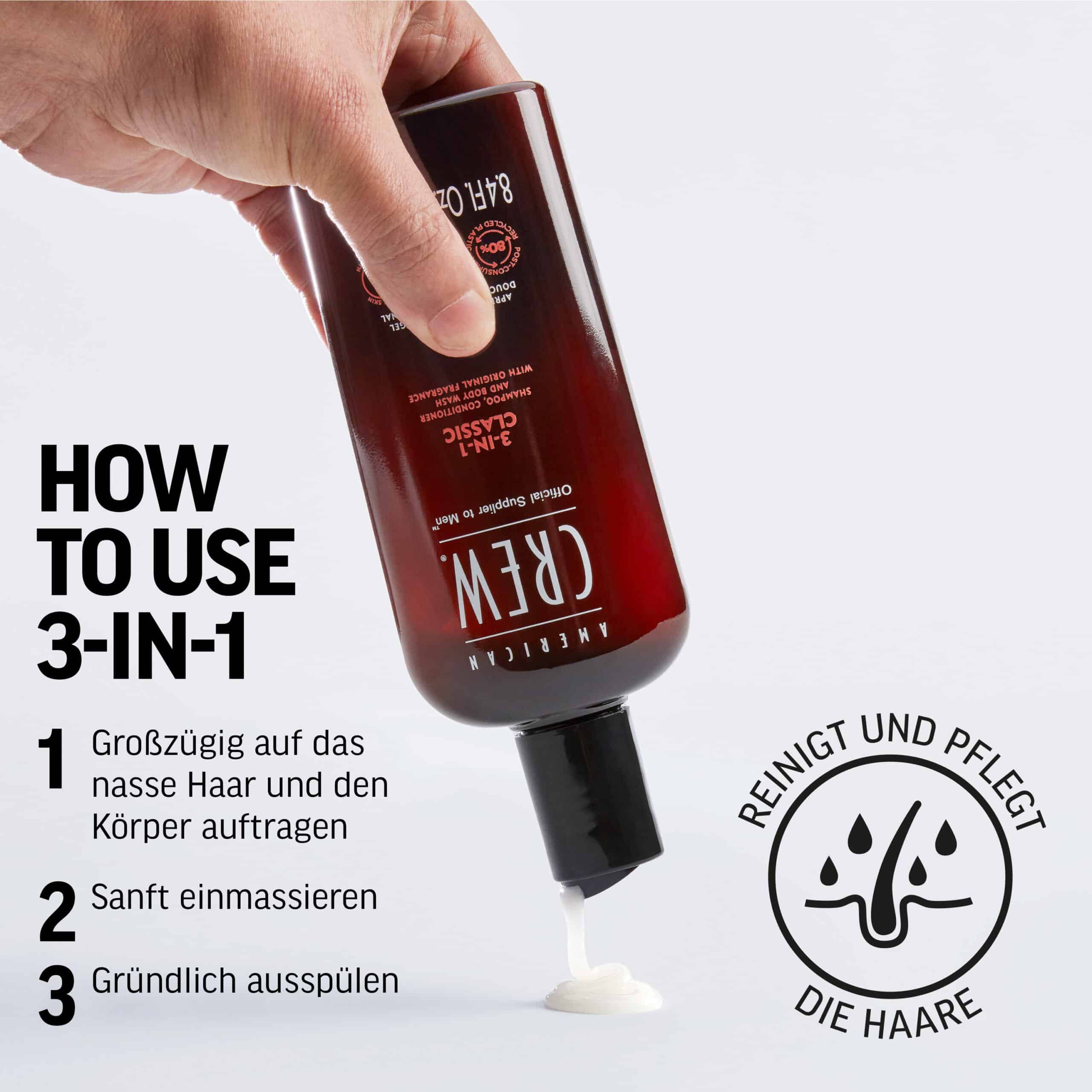 AMERICAN CREW 3-in-1 Classic Shampoo-Flasche. Text: Shampoo, Conditioner und Body Wash. Produkt wird aus der Flasche gegossen. 250 ml.