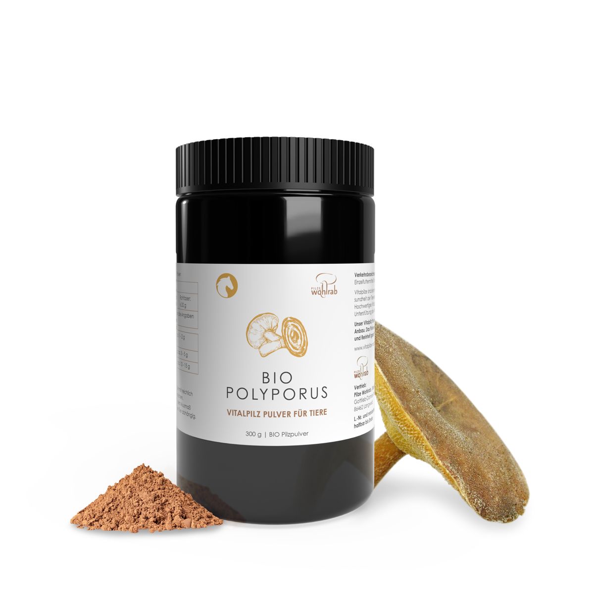 Schwarze Dose mit weißem Etikett. BIO Polyporus Vitalpilz Pulver für Tiere. Braunes Pulver und Pilz daneben.