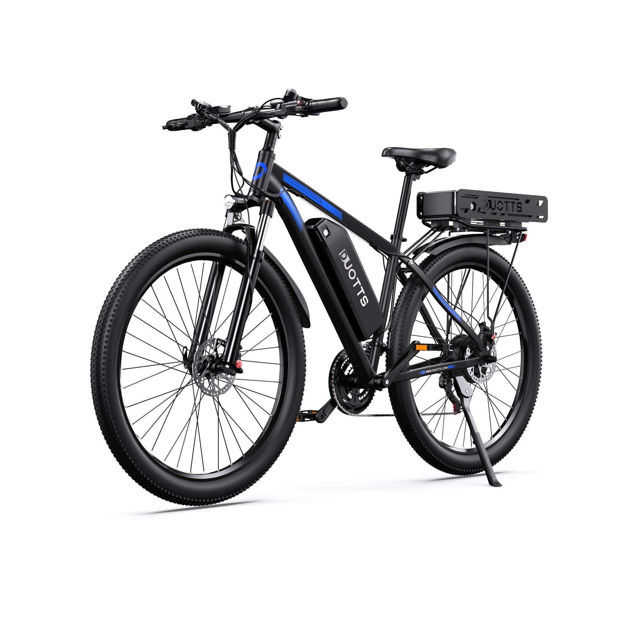 E-Bike, schwarz mit blauen Akzenten. DUOTTS-Logo, Dual-Akku, Shimano 21-Gang. Seitenansicht, weißer Hintergrund.