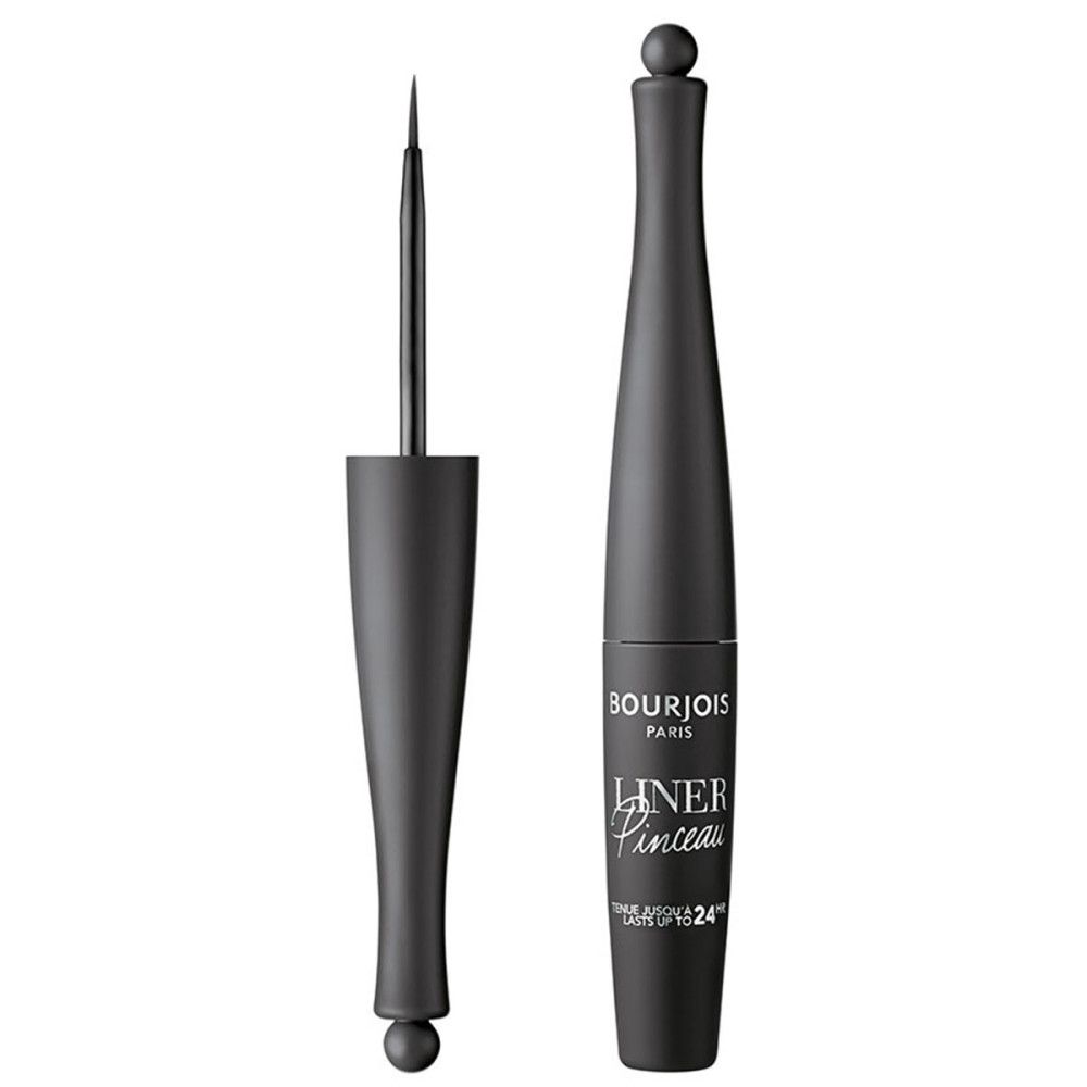 Schwarzer Eyeliner von Bourjois. Flasche und Pinsel. Aufschrift: Liner Pinceau Waterproof 24h.