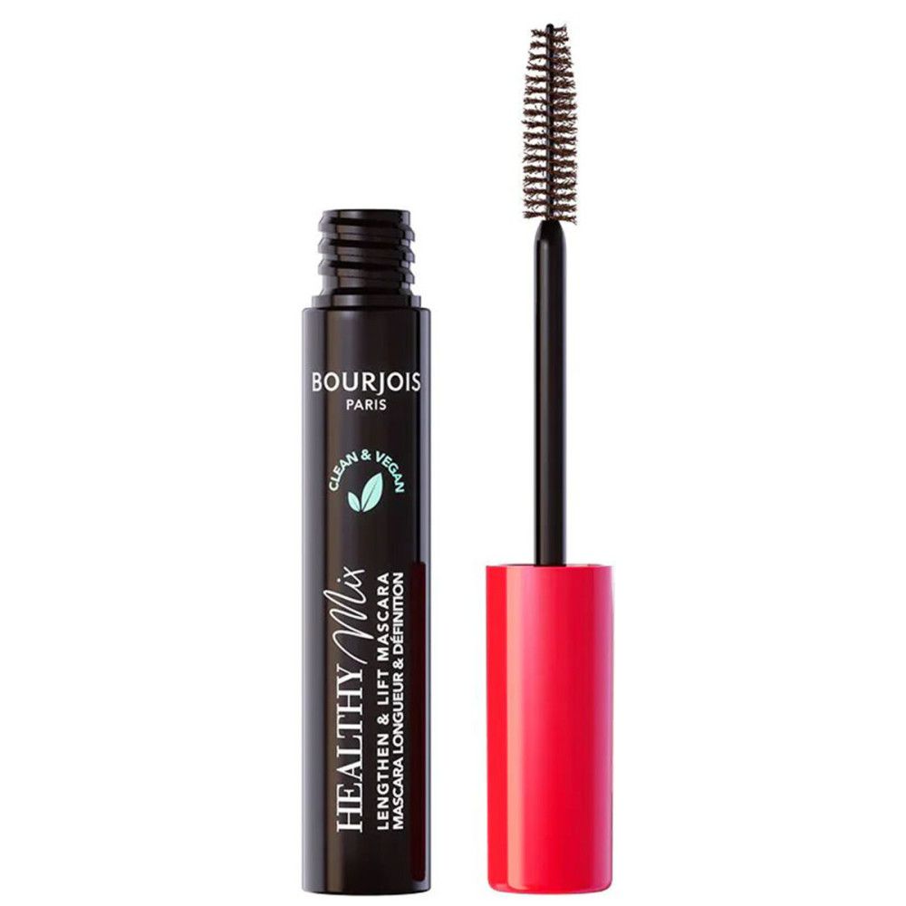 Schwarze Mascara-Tube mit rotem Deckel und Bürste. Aufschrift: Bourjois Paris, Healthy Mix, Clean & Vegan. Mascara-Text.