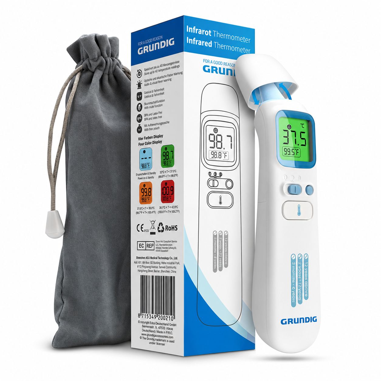 Kontaktloses Infrarot-Thermometer von Grundig in weiß, mit Verpackung und Aufbewahrungstasche.