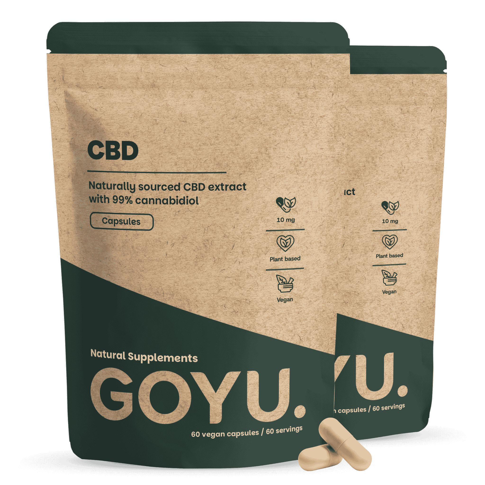 Zwei braune Beutel mit GOYU CBD Kapseln, daneben zwei Kapseln.