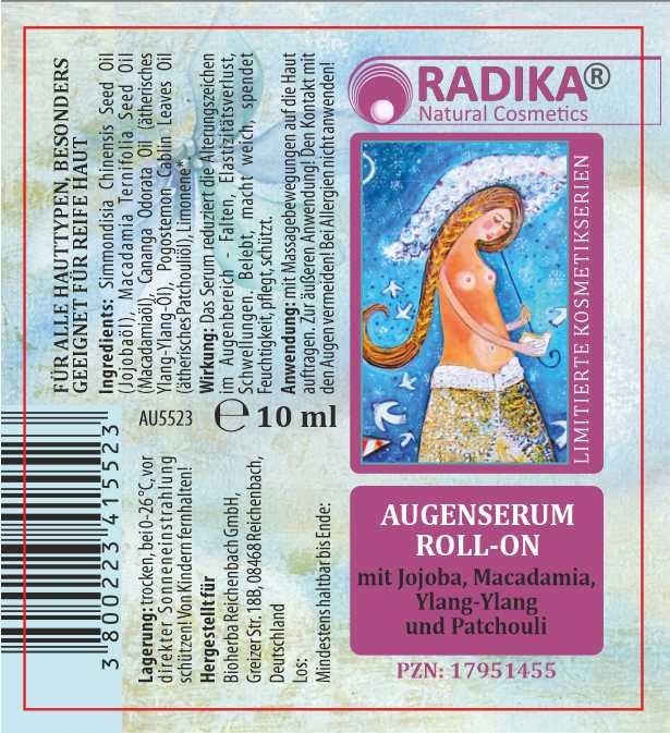 Etikett mit Produktinformationen. "Augenserum Roll-on" mit Inhaltsstoffen. Marke: Radika Natural Cosmetics.
