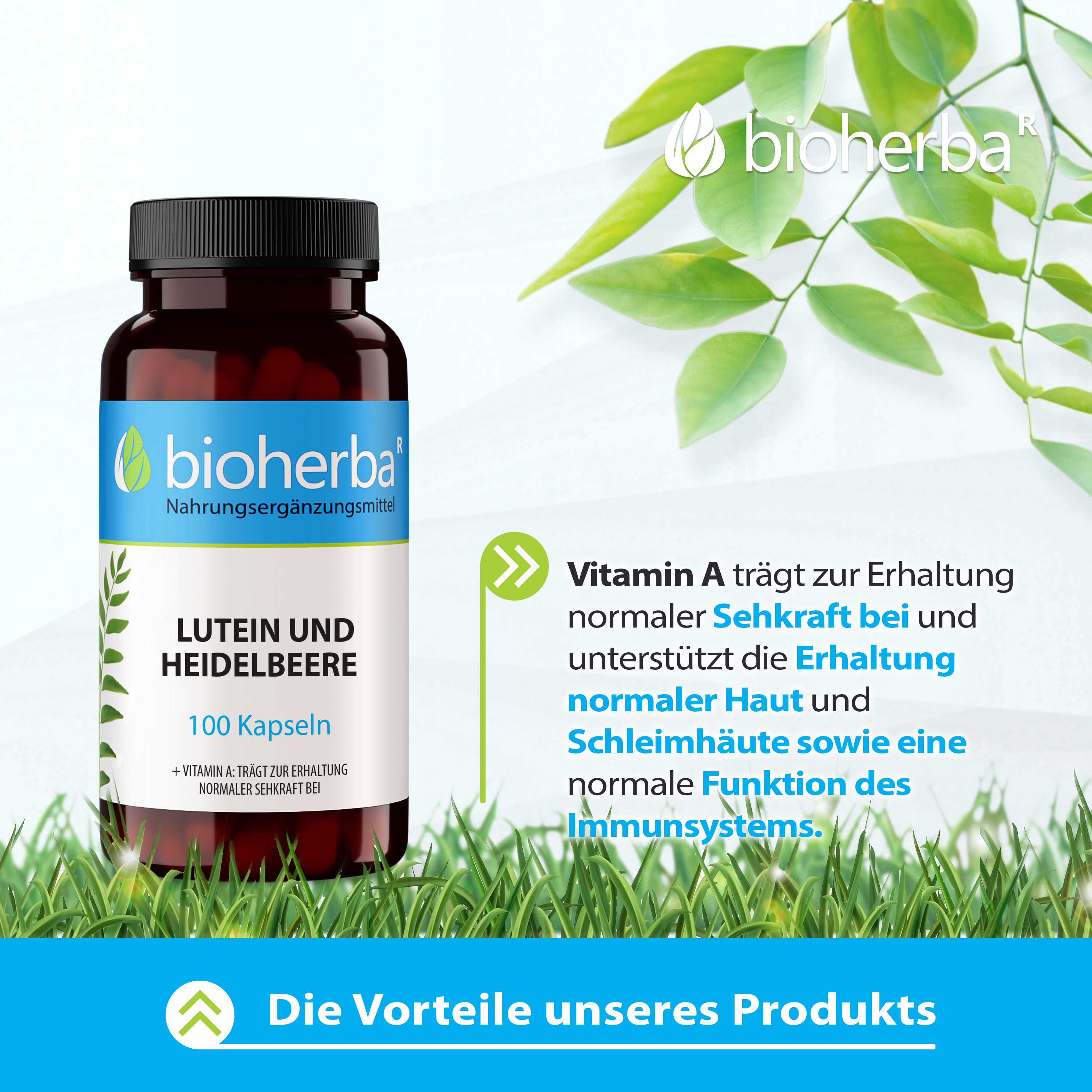 Produktflasche auf Gras. Marke und Produktname auf dem Etikett. Text über Vorteile des Produkts.