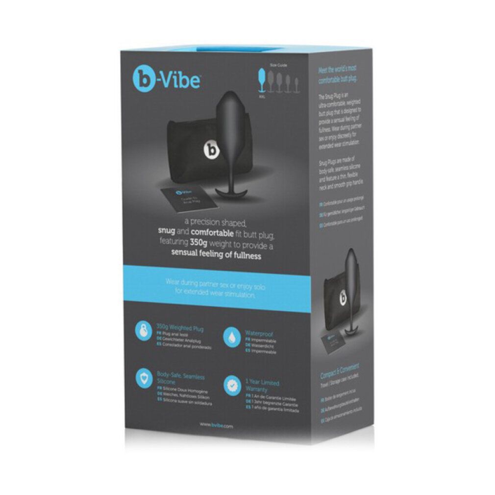Produktverpackung mit Plug, Beutel und Karte. Text: Snug Plug 5, b-Vibe. Rückseite mit Produktinformationen.