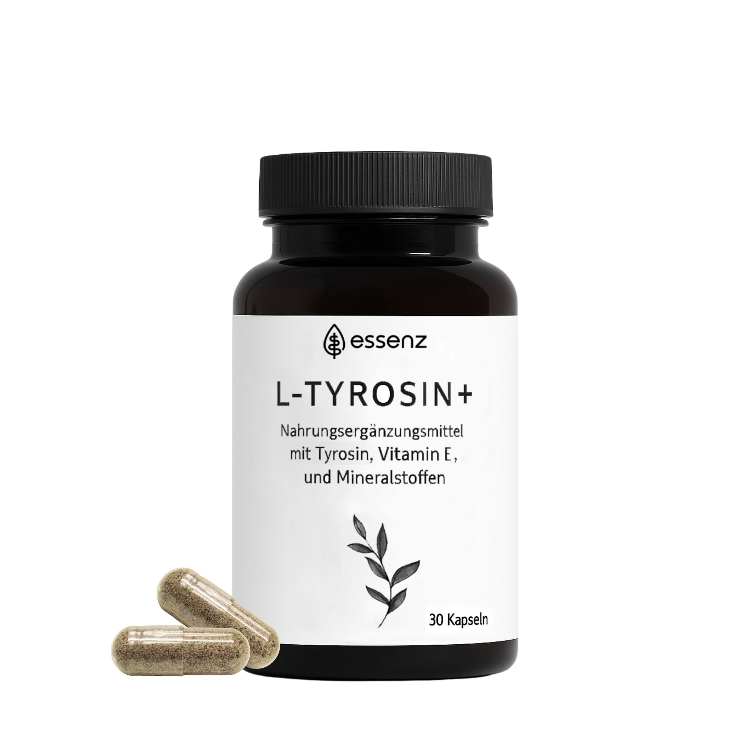 Braune Kapseln neben Flasche 'essenz L-Tyrosin+'. Text: Nahrungsergänzungsmittel mit Tyrosin, Vitamin E, und Mineralstoffen. 30 Kapseln.