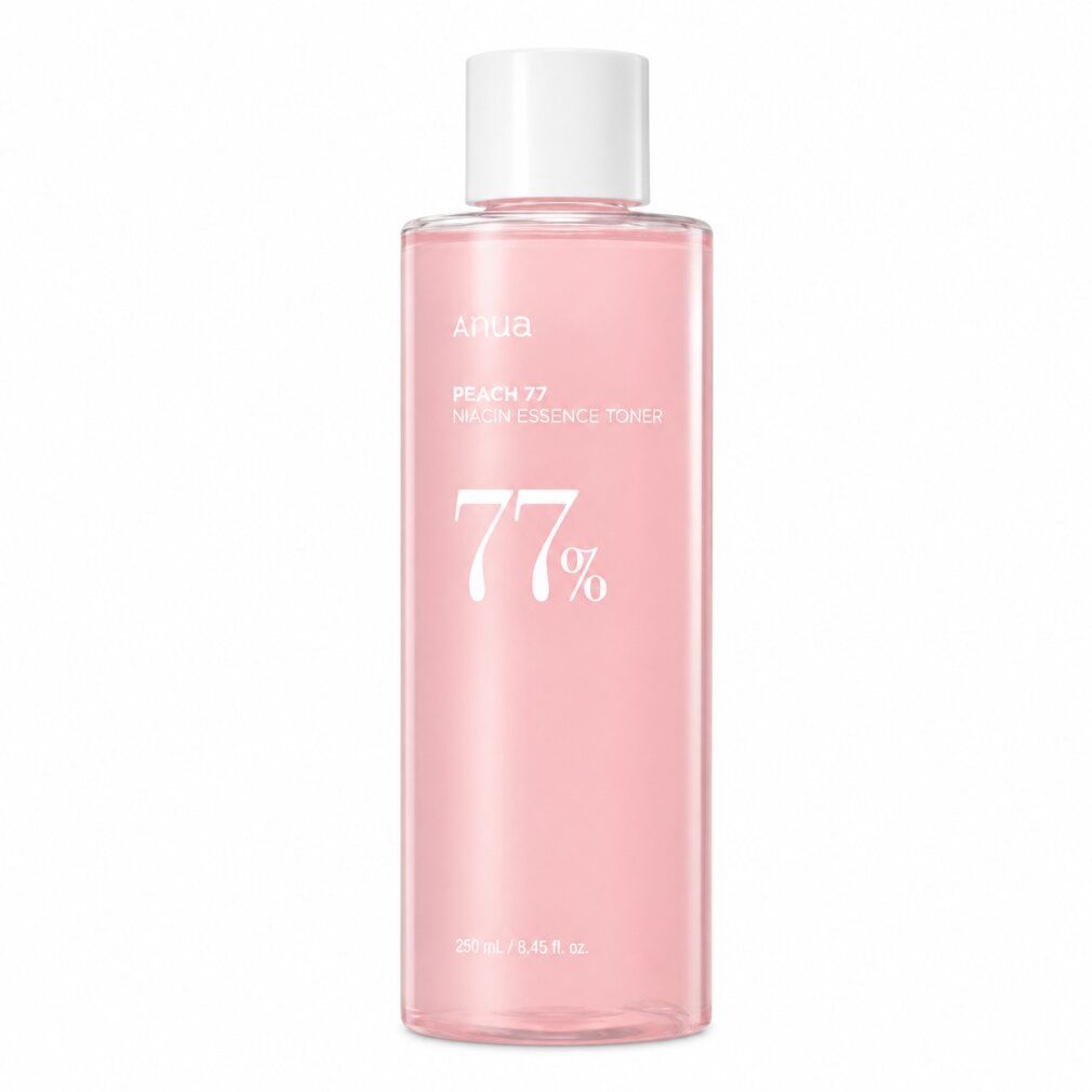 ANUA Peach 77% Niacin Essence Toner in einer durchsichtigen Flasche mit weißem Deckel.