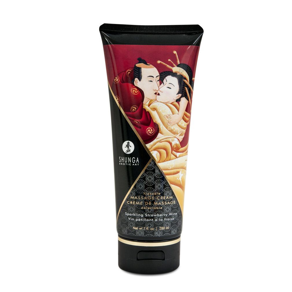 Tube Massagecreme mit Paar-Illustration, Text und Logo. Schwarzer Deckel und Boden.