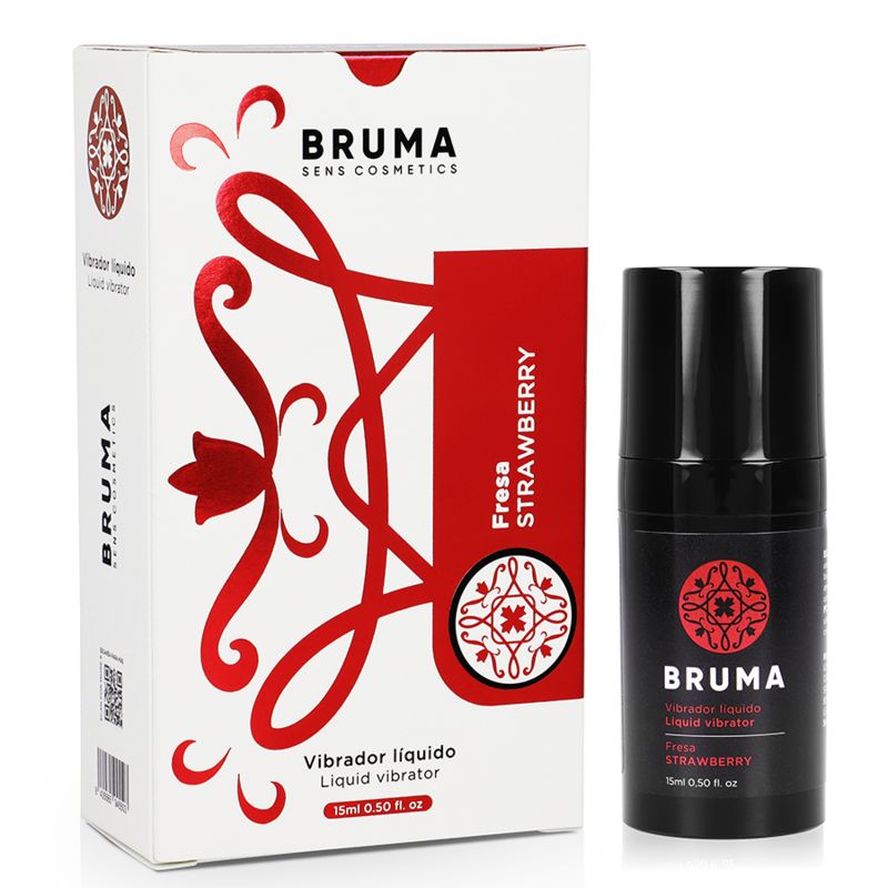Produktverpackung mit Flasche. Weiße Schachtel mit rotem Design. Flasche: BRUMA, Erdbeer-Geschmack, Flüssigvibrator. 15ml.